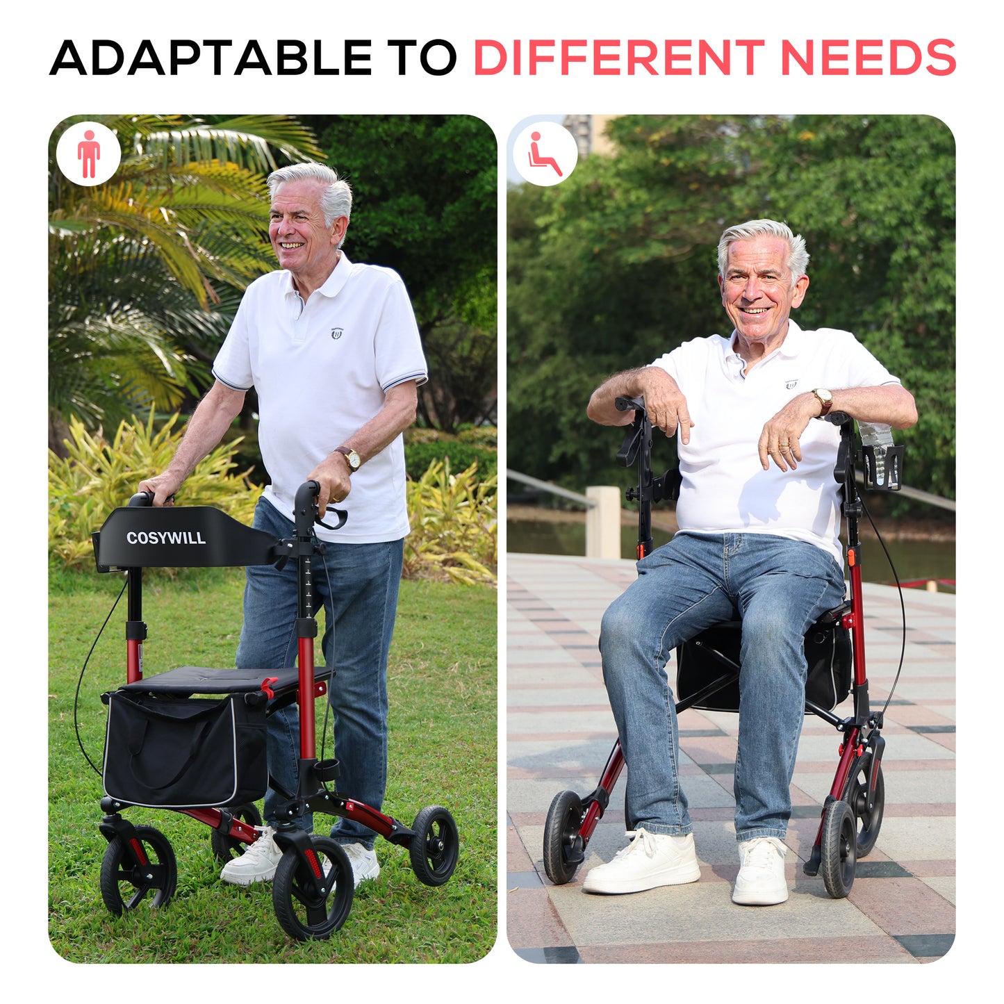 COSYWILL Walkers for Seniors,Foldable Rollator Walker with Seat,Mobility Walkers with 10" Big Wheels, Adjustable Handles and Backrest Height,Light Red