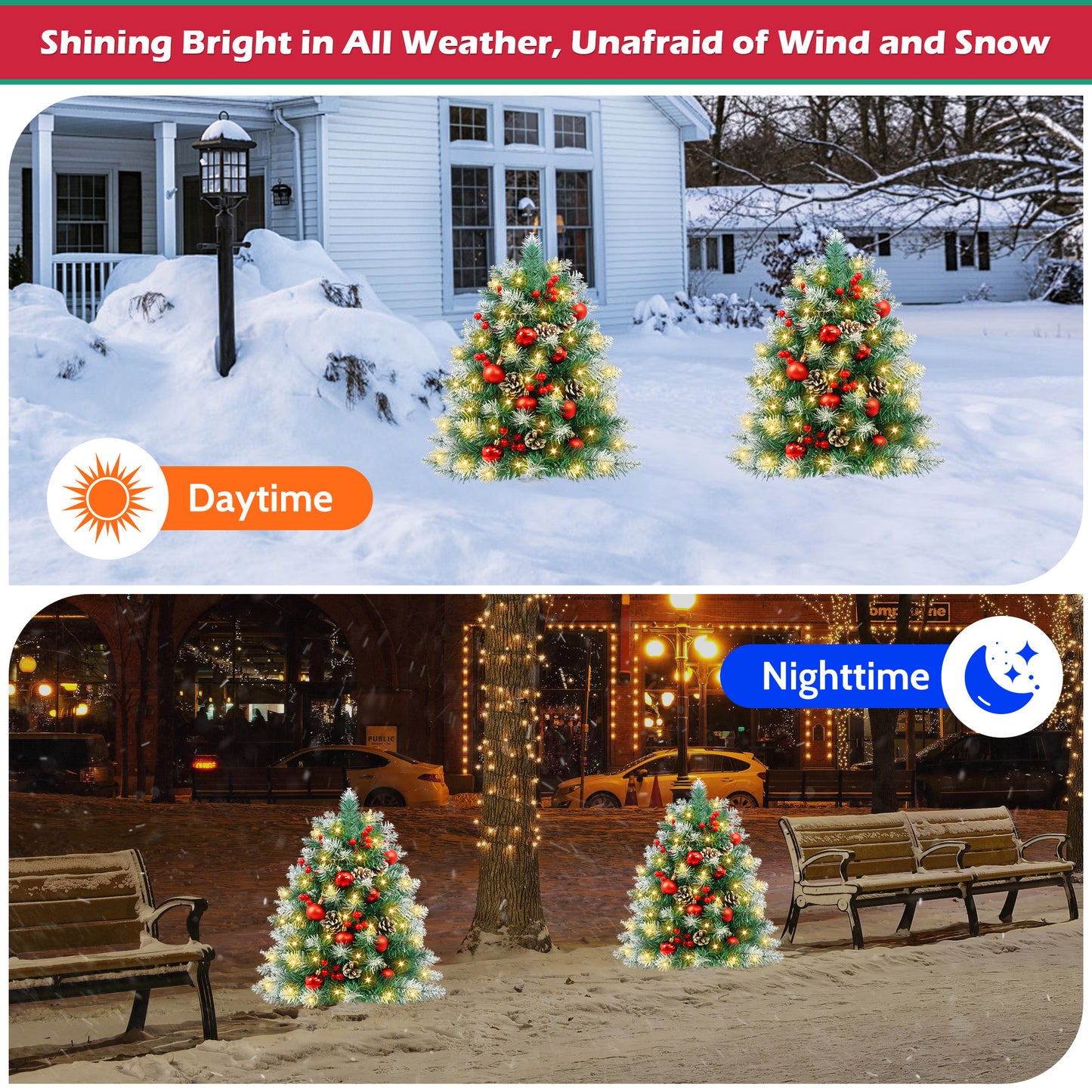 Yexmas 2PCS Small Outdoor Christmas Trees with LED Lights,30" Artificial Xmas Decora for Porch,Yard,Pathway,Garden,PVC