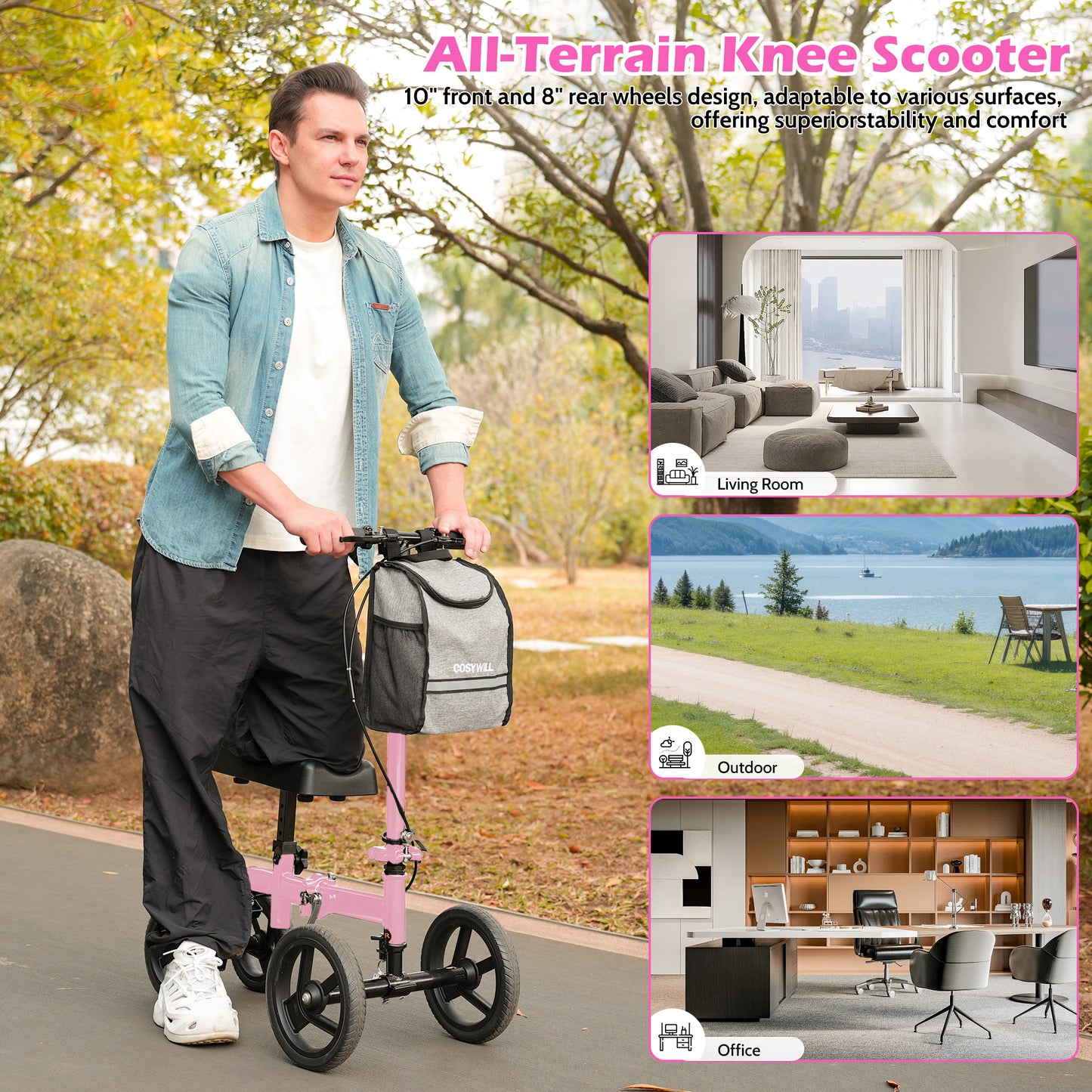 COSYWILL Steerable Knee Scooter,Knee Walker Scooter for Adults with 10" Front Wheels,Foldable Knee Scooter for Foot Surgery Crutches Alternative,Pink