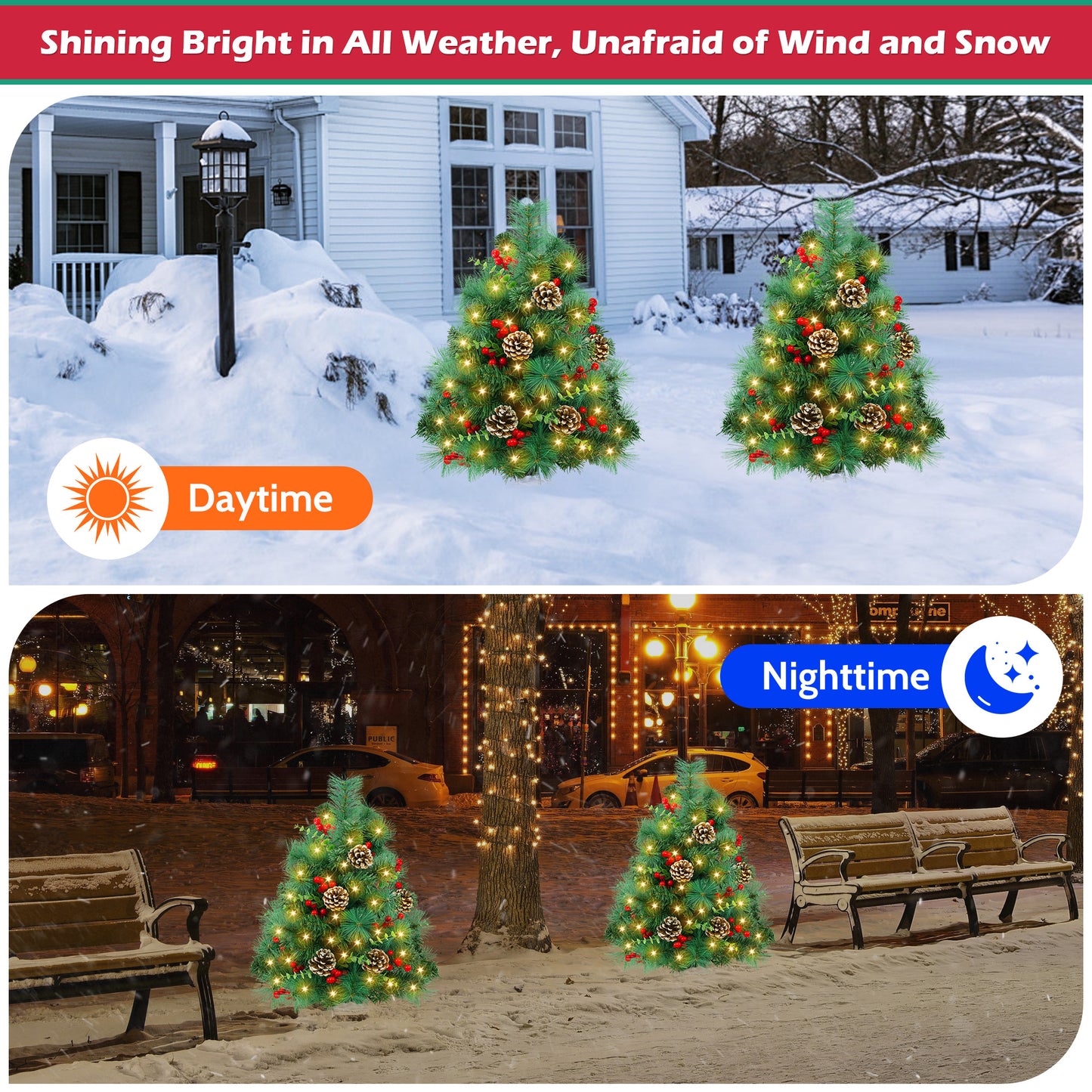 Yexmas 2PCS Small Outdoor Christmas Trees with LED Lights,30" Artificial Xmas Decora for Porch,Yard,Pathway,Garden,PVC+PE+Pine Needles