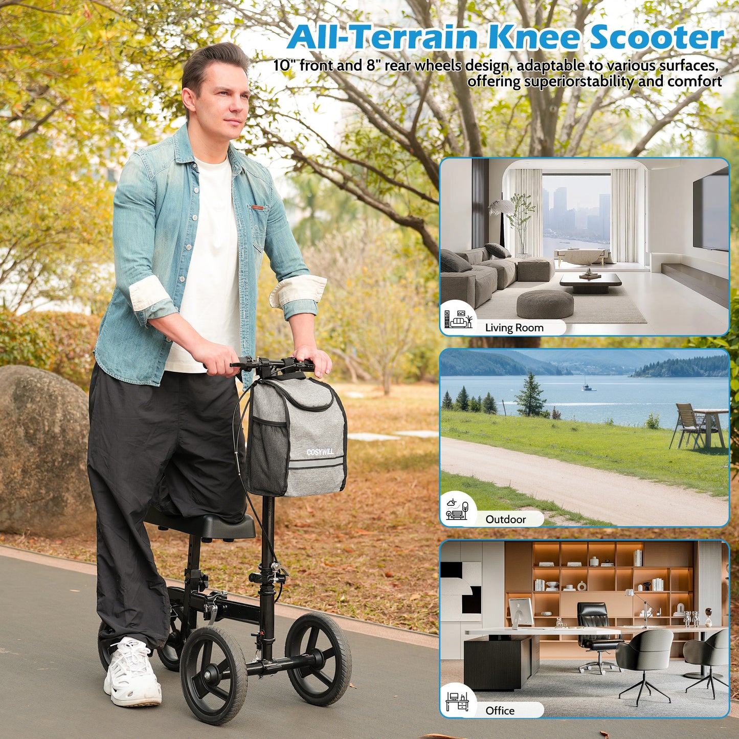 COSYWILL Steerable Knee Scooter,Knee Walker Scooter for Adults with 10" Front Wheels,Foldable Knee Scooter for Foot Surgery Crutches Alternative,Black