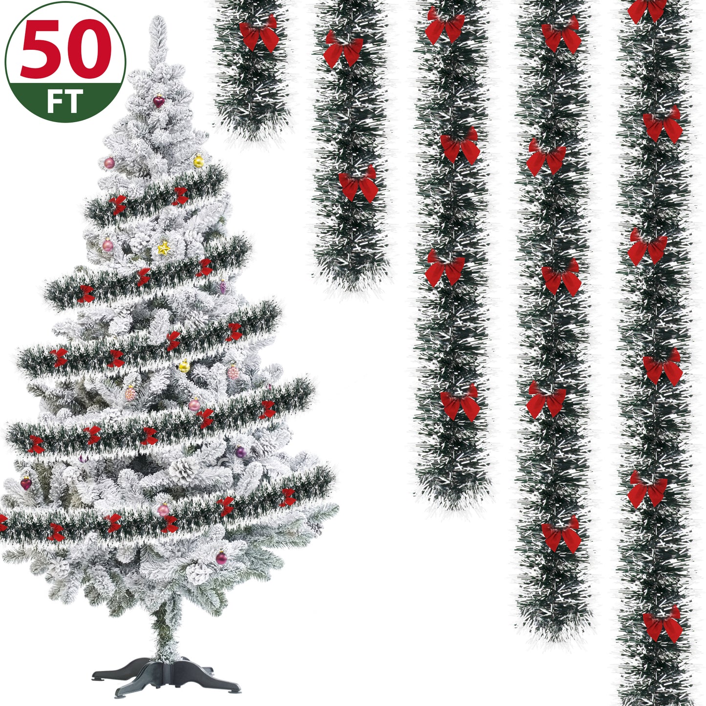 IZNEN Christmas Garland,Christmas Tinsel Garland with 38 Red Bows,Garland Christmas Decorations for Outdoor、Indoor、Holiday Party,Black & White
