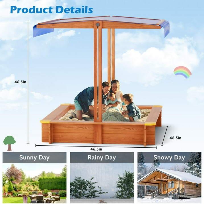 YOUPINS 48" Wooden Sandbox with Lid, Outdoor Large Kids Sandbox with Seat,for Yard Lawn Garden