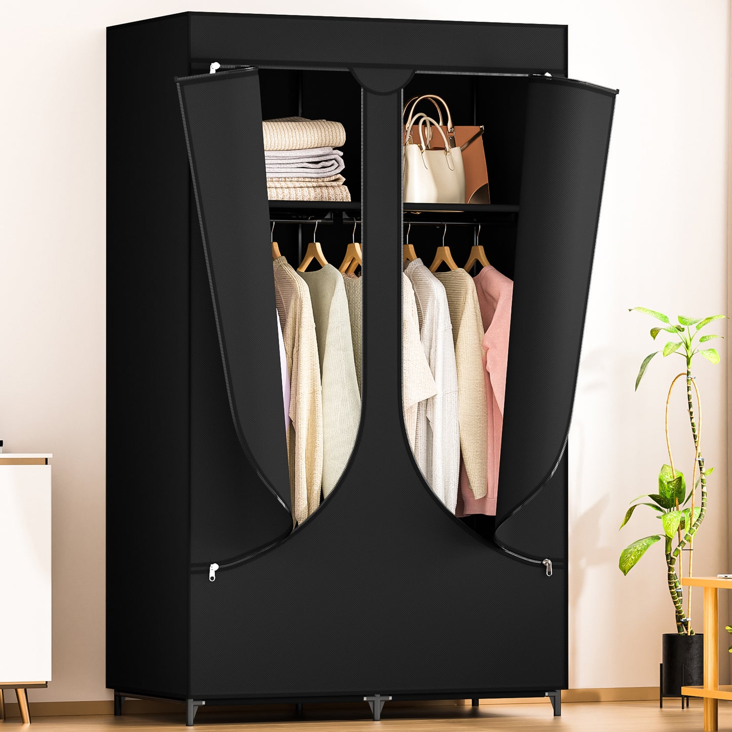 YOUPINS Clothes Organizer with Hanging Rod, Portable Closet with Cover Clothes Rack Sturdy Fabric Wardrobe Organizer,Dark Gary