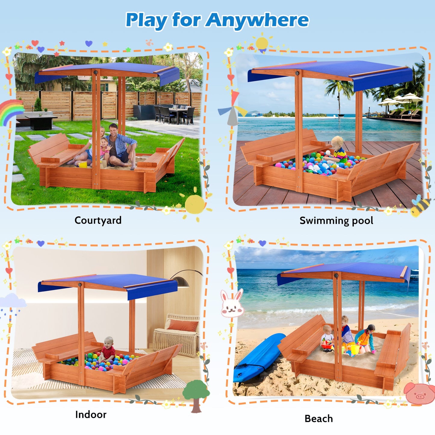 YOUPINS 48" Wooden Sandbox with Lid, Outdoor Large Kids Sandbox with Seat,for Yard Lawn Garden
