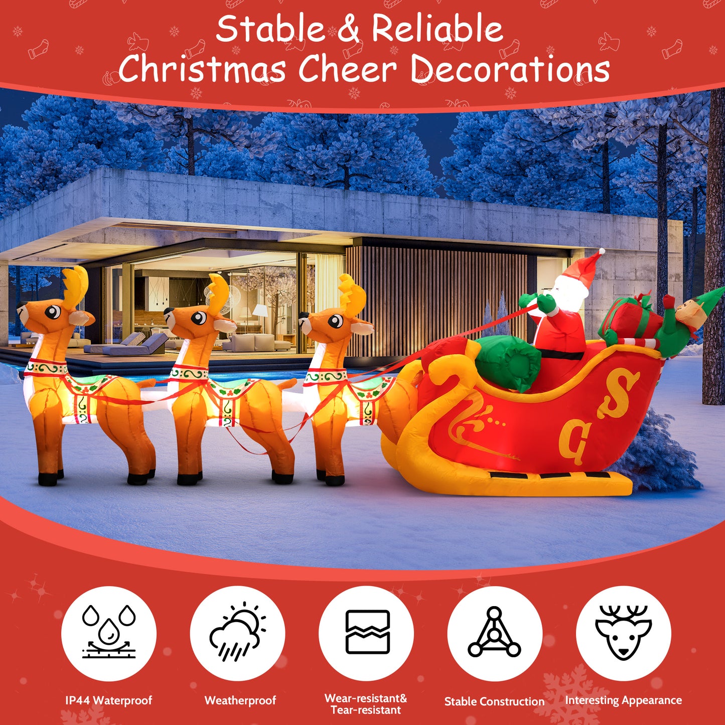 IZNEN 10ft Christmas Inflatable Santa Claus On Sleigh With 3 Reindeer Outdoor Lights Decor for Holiday Decor,Xmas Party,Yard,Garden and Lawn
