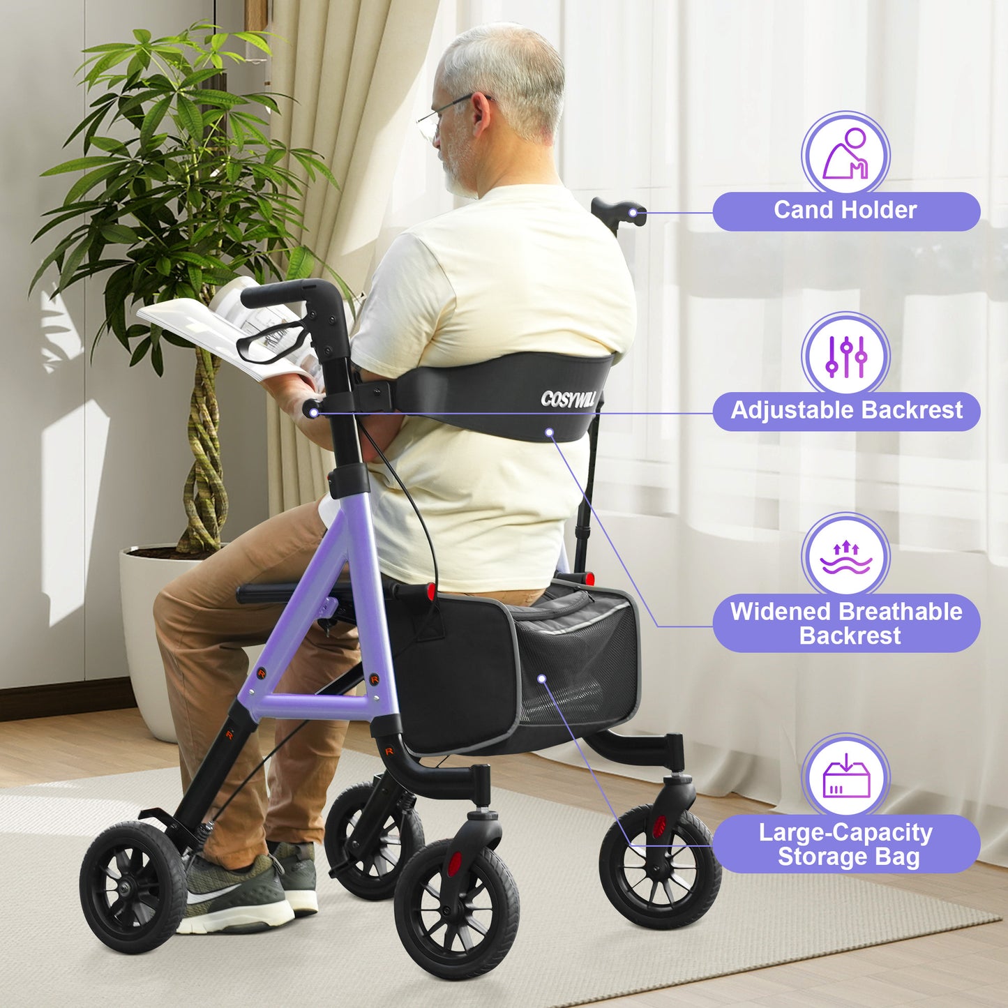 COSYWILL Aluminum Rollator Walker with Seat,Height Adjustable Mobility Walker with 8" Wheels,350 lb Weight Capacity,Purple