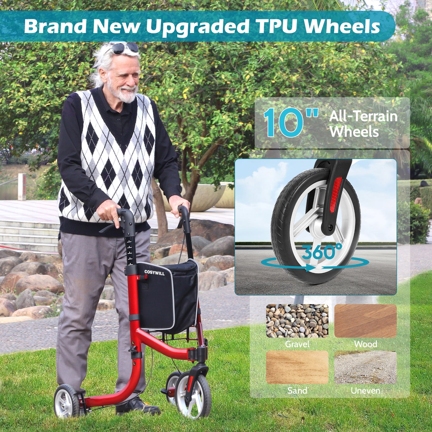 COSYWILL 3 Wheel Rollator Walkers for Seniors,Ultra Lightweight Foldable Walker for Elderly with Storage Bag, 10" Three Wheel Modern Mobility Walking Aid Aluminum, Red