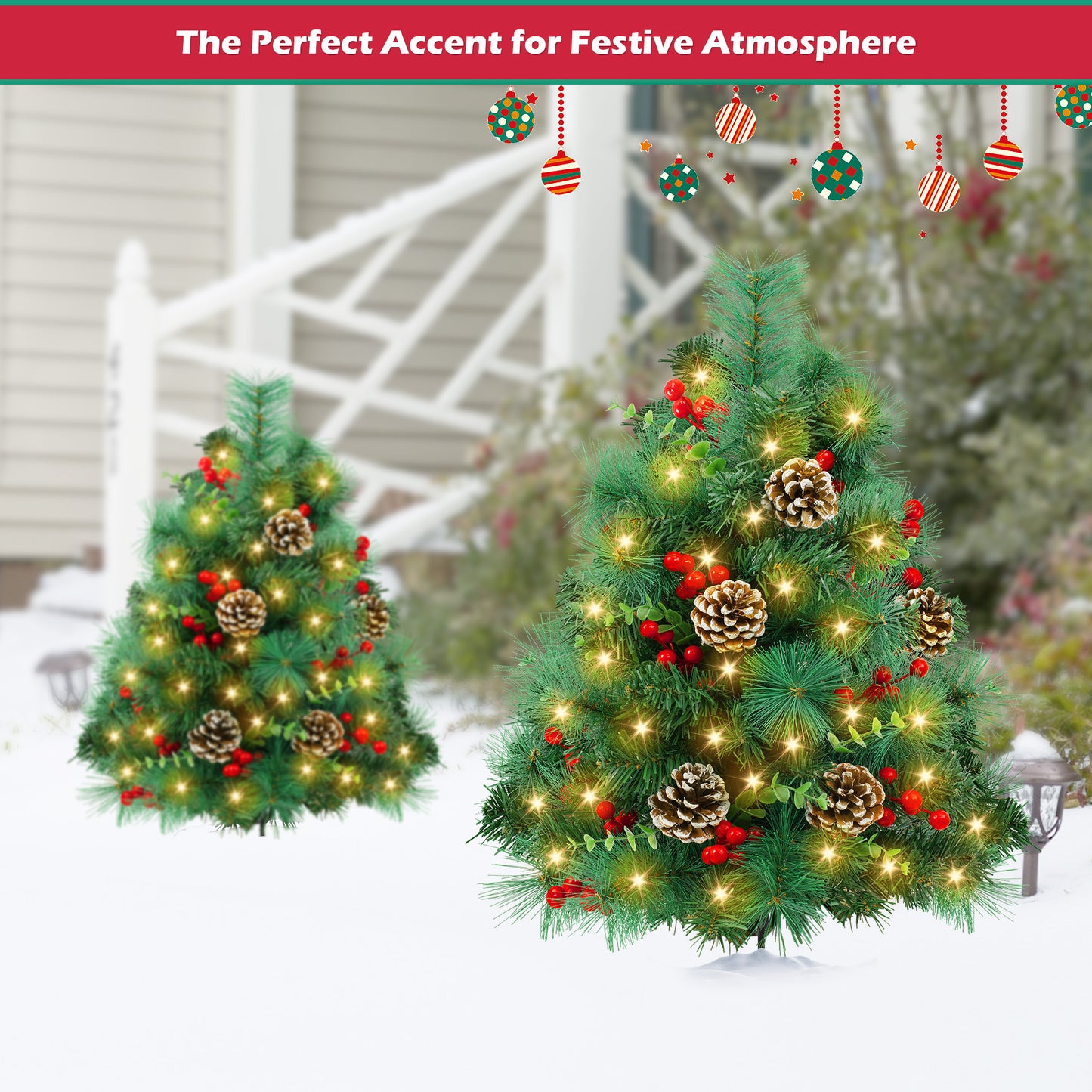 Yexmas 2PCS Small Outdoor Christmas Trees with LED Lights,30" Artificial Xmas Decora for Porch,Yard,Pathway,Garden,PVC+PE+Pine Needles