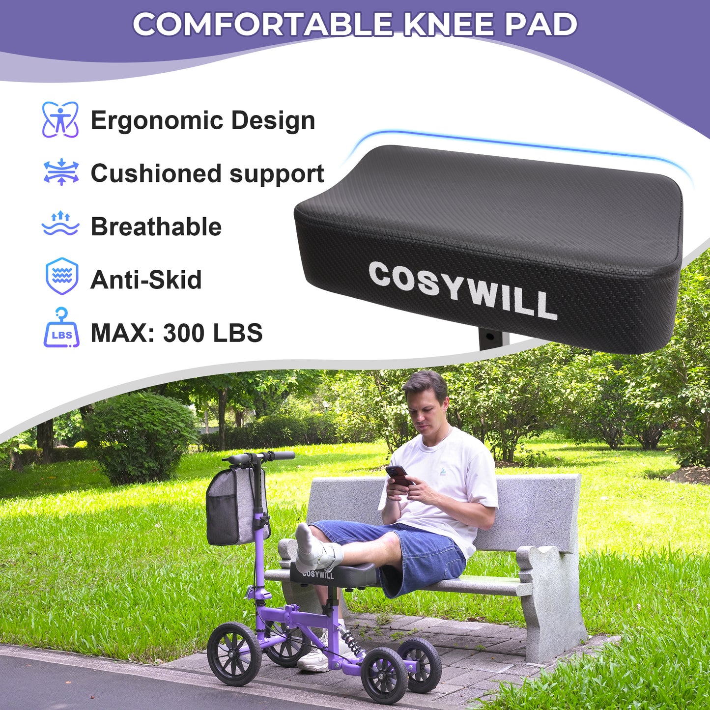 COSYWILL All Terrain Knee Scooter,Knee Walker Scooter for Foot Injuries,Adults Roller Scooter for with 10“ TPU Wheel,Compact Crutches Alternative,Purple