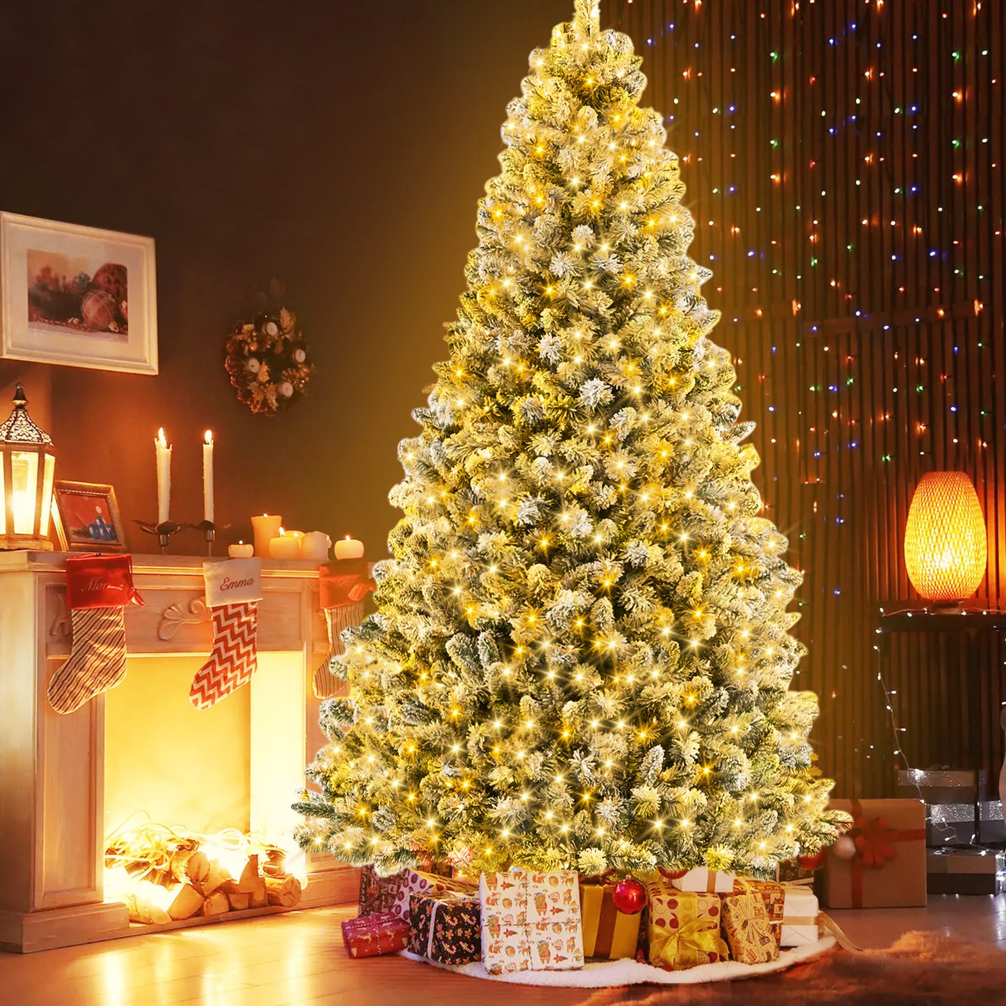 IZNEN 7.5ft Pre-Lit Snowflake Flocked Christmas Tree,8 Modes LED Lights,Artificial Xmas Tree with Storage Bag