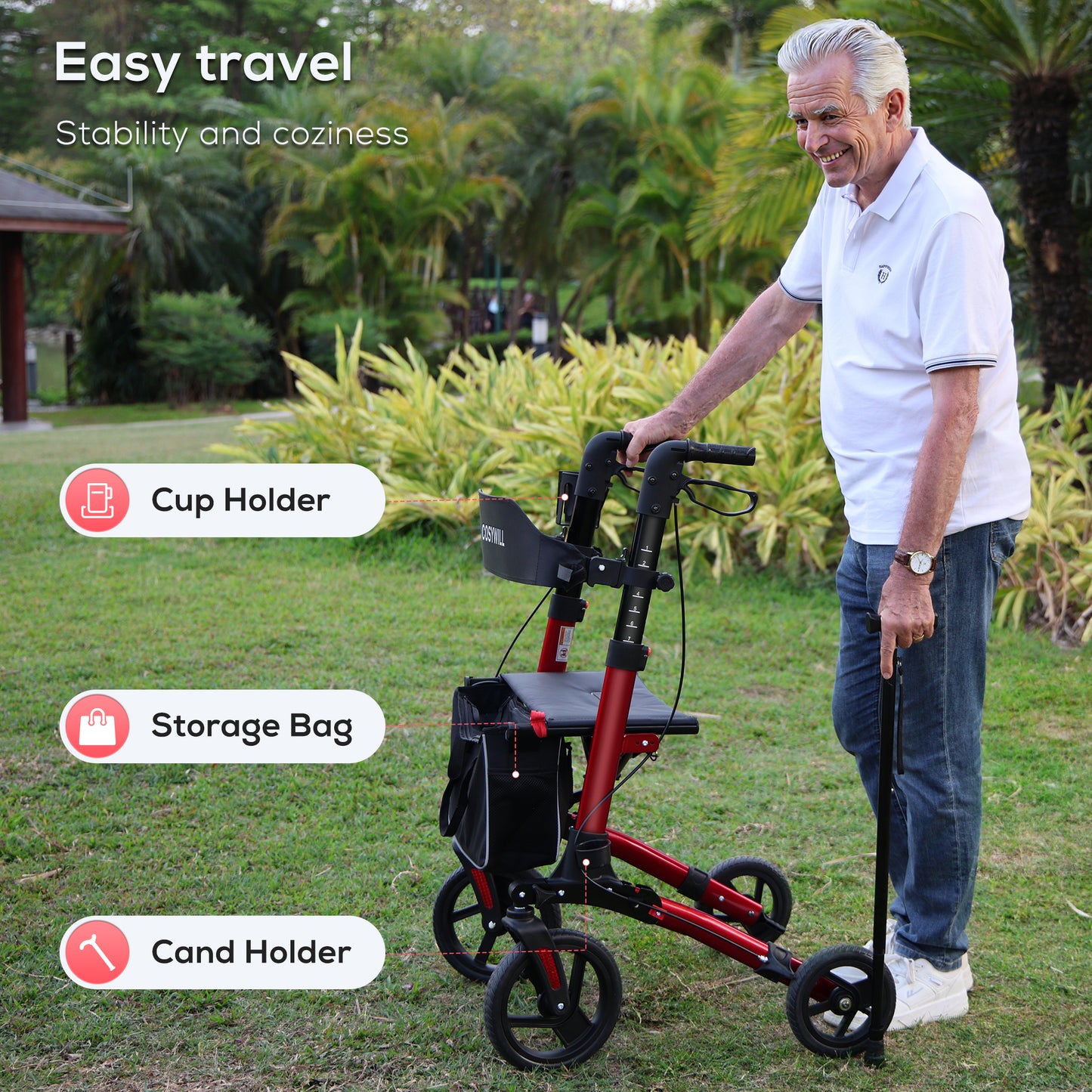 COSYWILL Walkers for Seniors,Foldable Rollator Walker with Seat,Mobility Walkers with 10" Big Wheels, Adjustable Handles and Backrest Height,Light Red