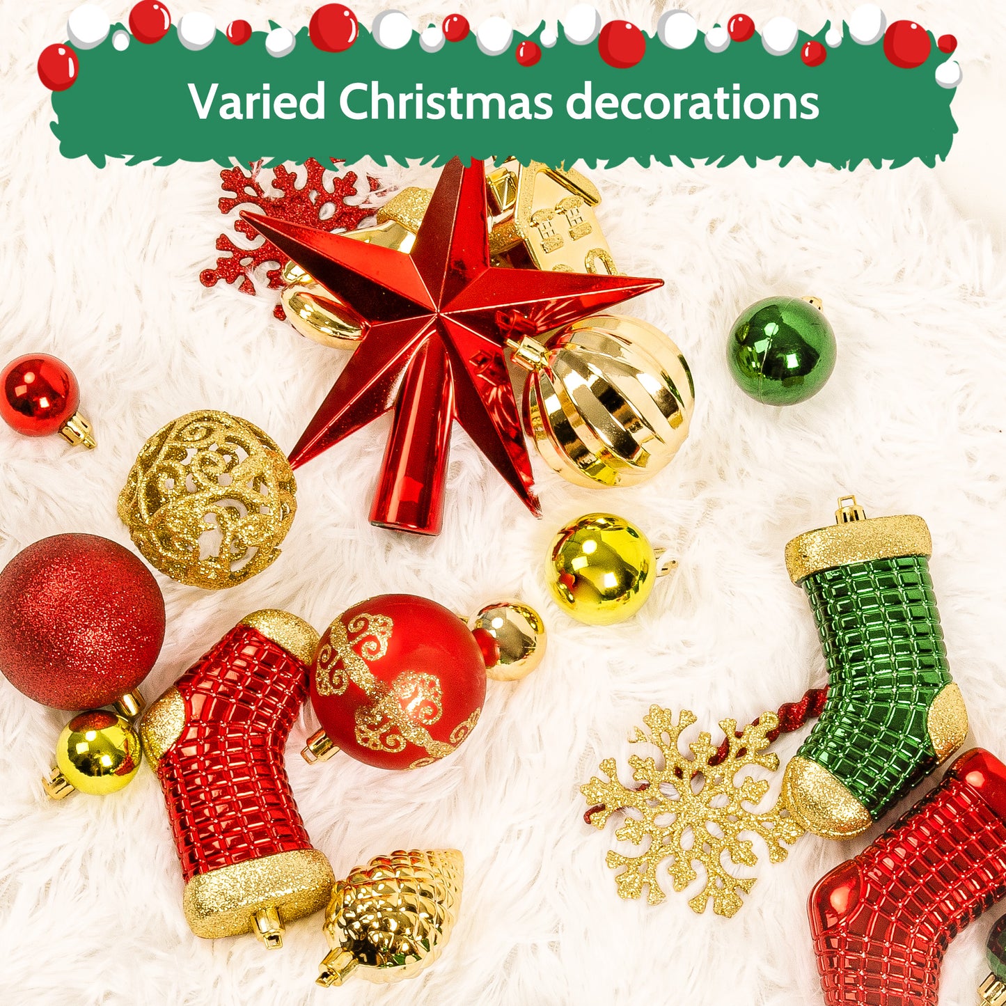 Yexmas 132PCS Christmas Ball Ornament Set, Shatterproof Hanging Christmas Tree Decorations for Holiday Decor Party