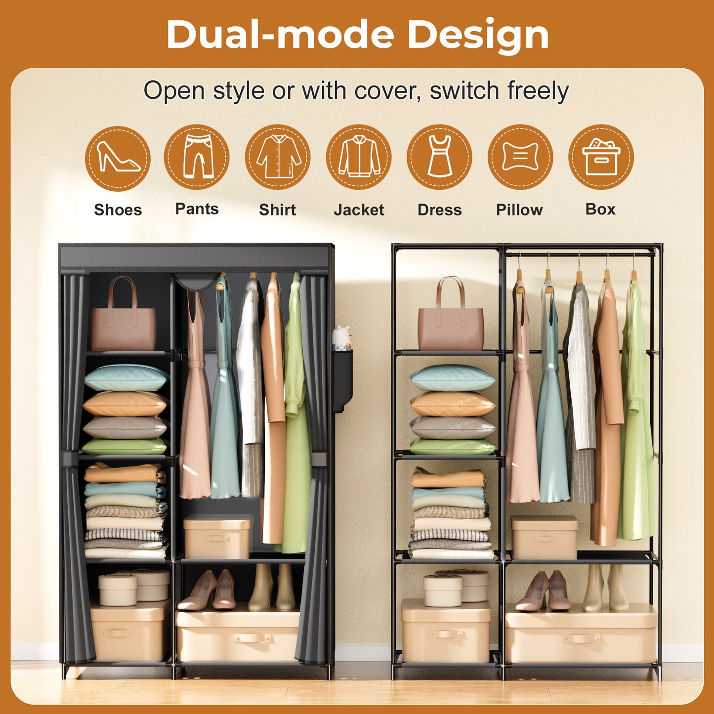 YOUPINS Portable Clothes Organizer with Hanging Rod, Portable Closet Non-Woven Fabric,Black