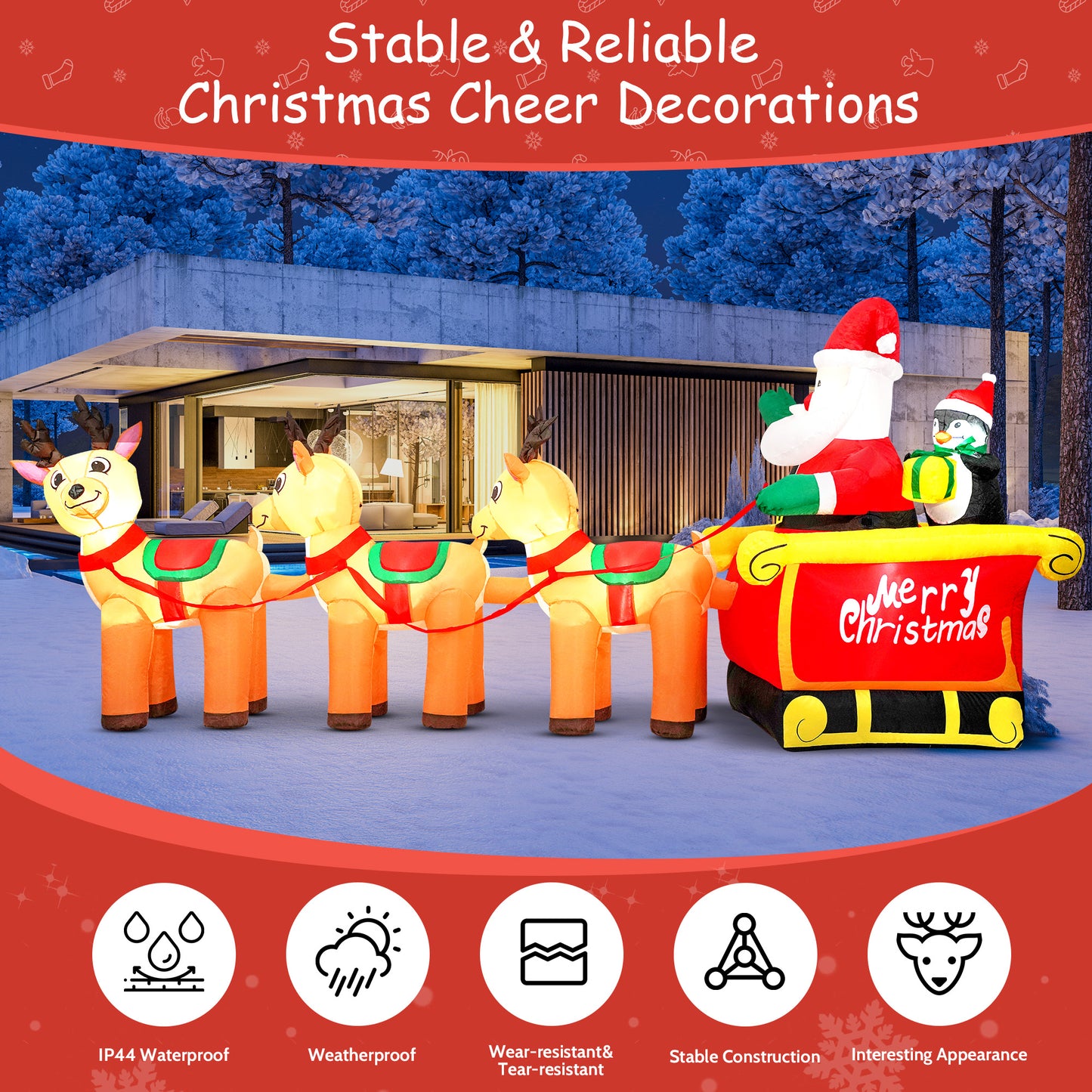 IZNEN 12ft Christmas Inflatable Santa Claus On Sleigh With 3 Reindeer Outdoor Lights Decor for Holiday Decor,Xmas Party,Yard,Garden and Lawn