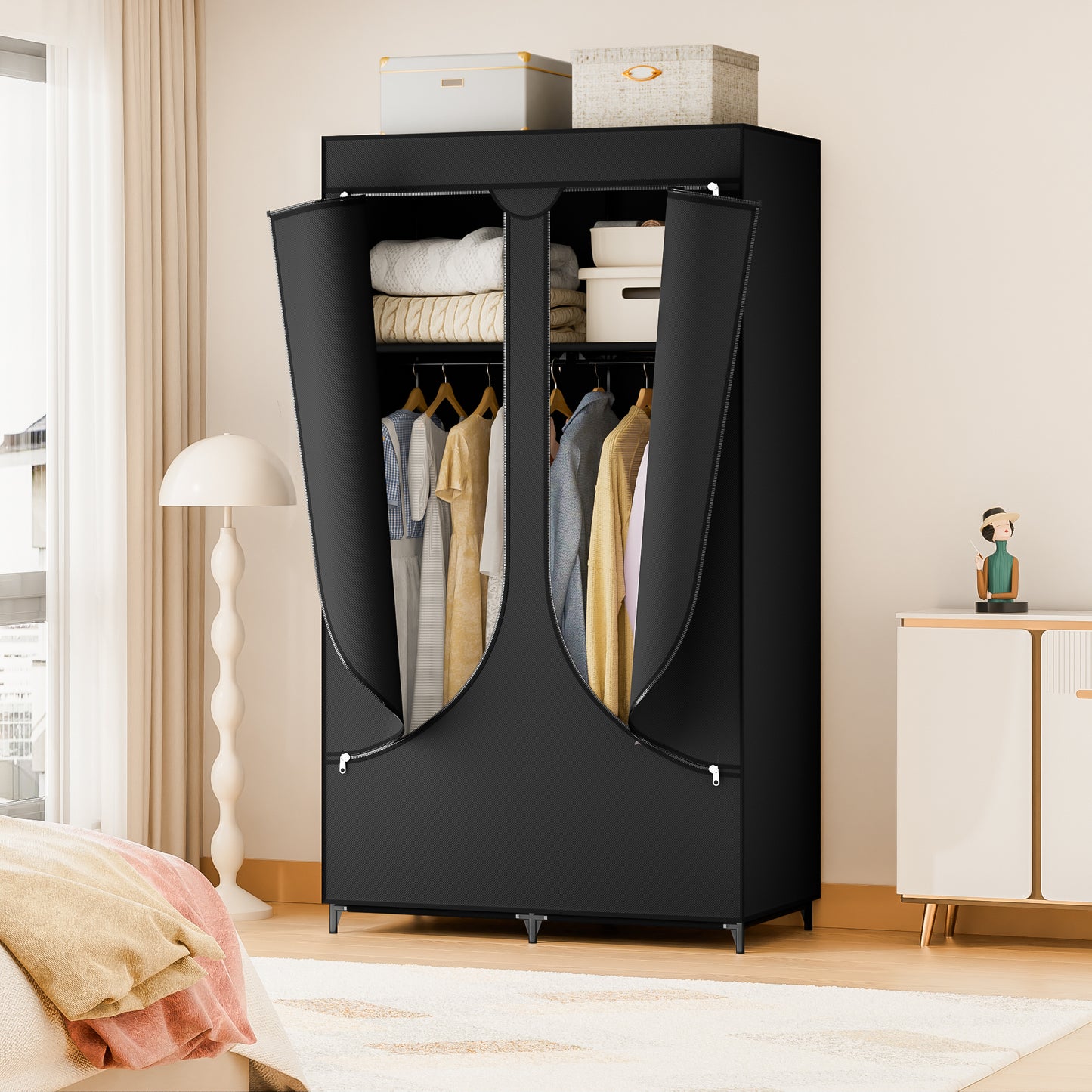 YOUPINS Clothes Organizer with Hanging Rod, Portable Closet with Cover Clothes Rack Sturdy Fabric Wardrobe Organizer,Dark Gary
