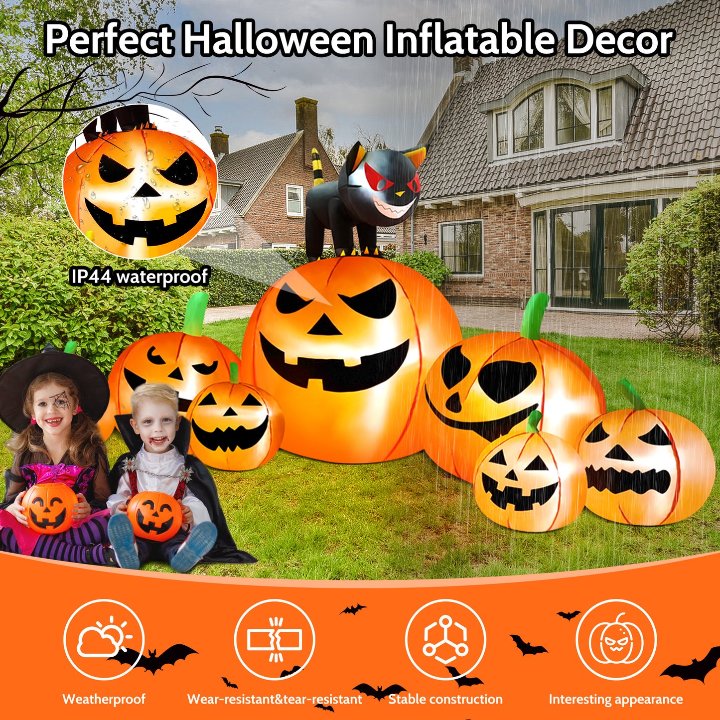 IZNEN 8.1ft Halloween Inflatable Blow Up Pumpkin Decoration,7 Glitter Pumpkins with Black Cat,Built-in LED Lights for Halloween Holiday,Yard,Garden,Lawn