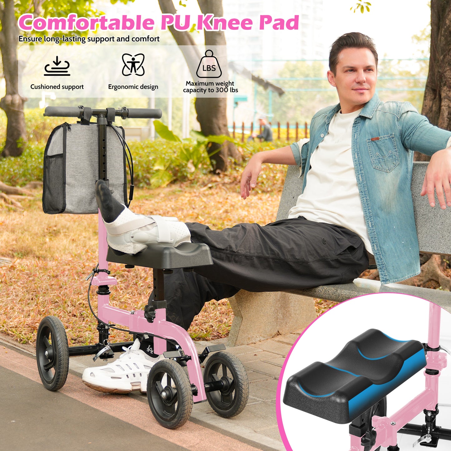 COSYWILL Steerable Knee Scooter,Knee Walker Scooter for Adults with 10" Front Wheels,Foldable Knee Scooter for Foot Surgery Crutches Alternative,Pink