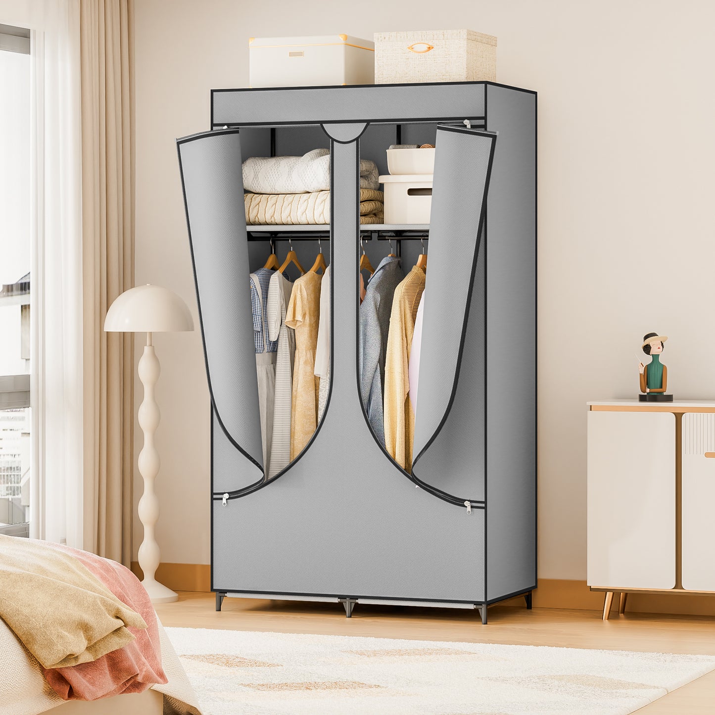YOUPINS Clothes Organizer with Hanging Rod, Portable Closet with Cover Clothes Rack Sturdy Fabric Wardrobe Organizer,Dark Gary