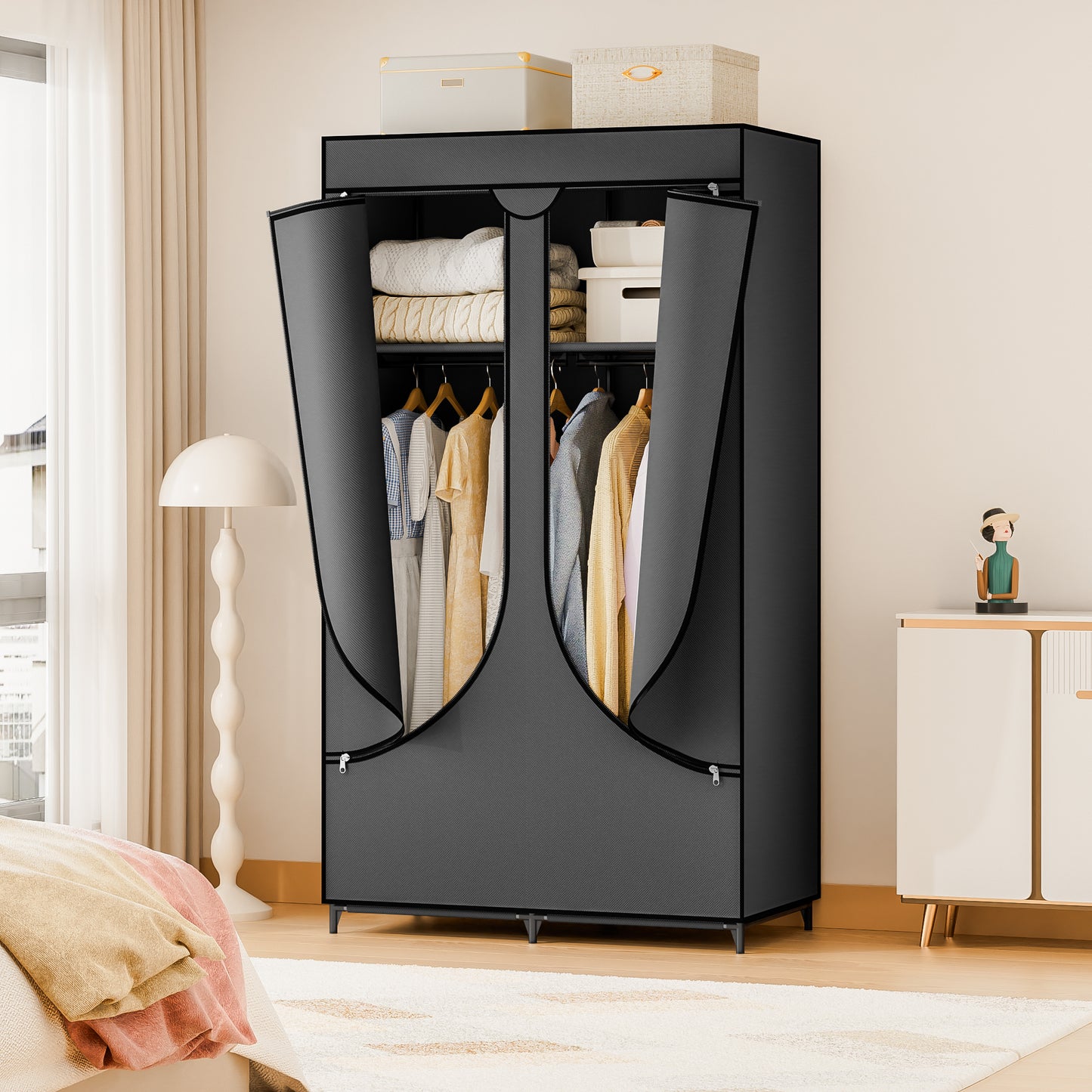 YOUPINS Clothes Organizer with Hanging Rod, Portable Closet with Cover Clothes Rack Sturdy Fabric Wardrobe Organizer,Dark Gary