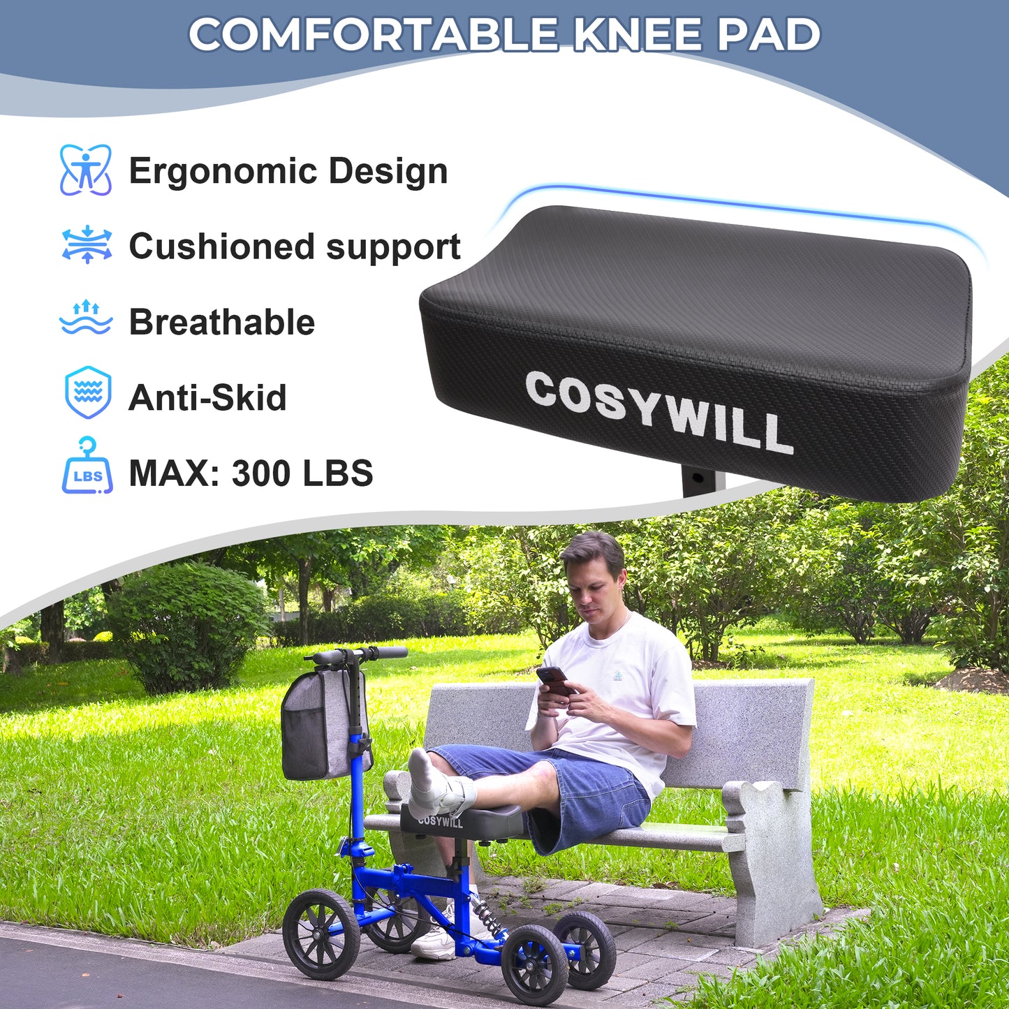 COSYWILL All Terrain Knee Scooter,Knee Walker Scooter for Foot Injuries,Adults Roller Scooter for with 10“ TPU Wheel,Compact Crutches Alternative,Blue