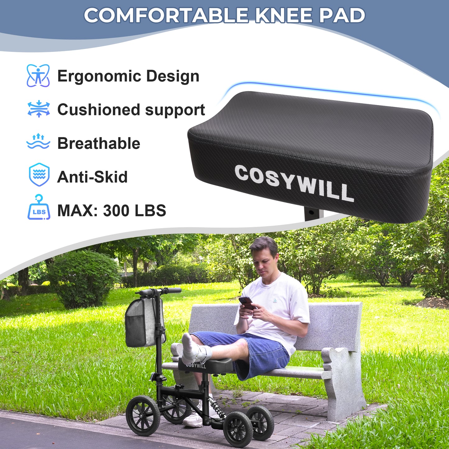 COSYWILL All Terrain Knee Scooter,Knee Walker Scooter for Foot Injuries,Adults Roller Scooter for with 10“ TPU Wheel,Compact Crutches Alternative,Black
