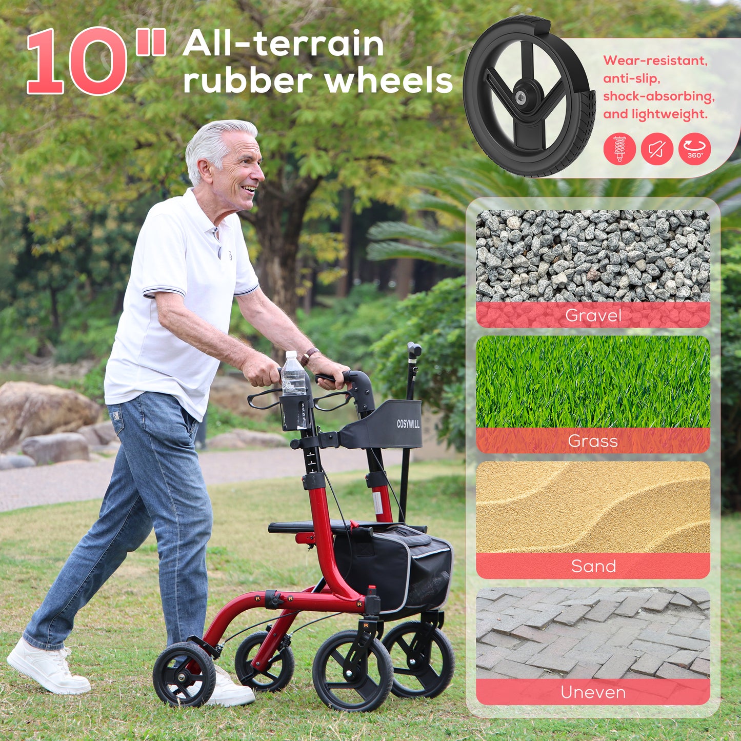 COSYWILL Rollator Walkers with Seat for Seniors, Foldable 10" Big Wheels All Terrain Rolling Walker,Adjustable Handles, Mobility Walker for Seniors,Light Red