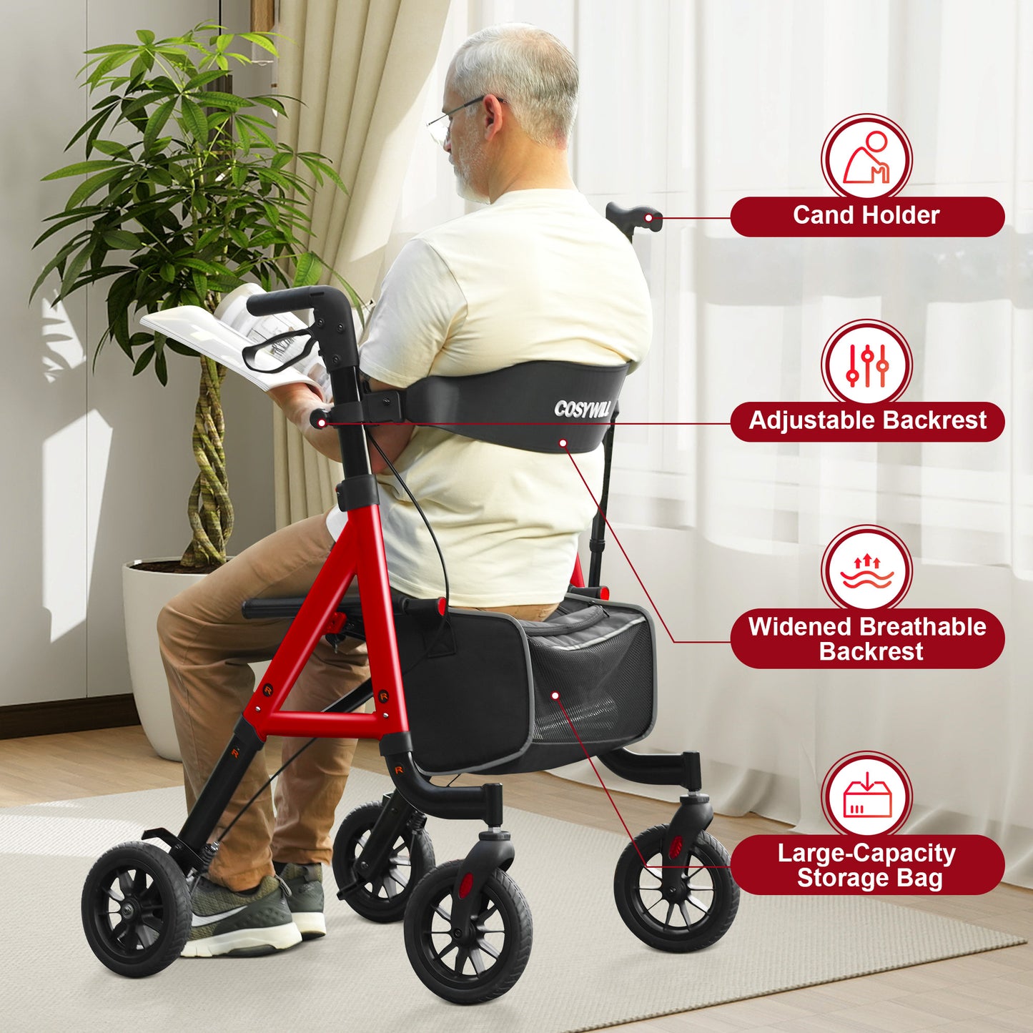 COSYWILL Aluminum Rollator Walker with Seat,Height Adjustable Mobility Walker with 8" Wheels,350 lb Weight Capacity,Red