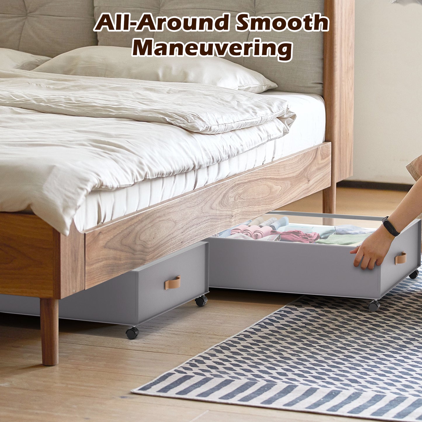 YOUPINS 2 Pack Rolling Under Bed Storage Containers Bin with Wheels, Gray