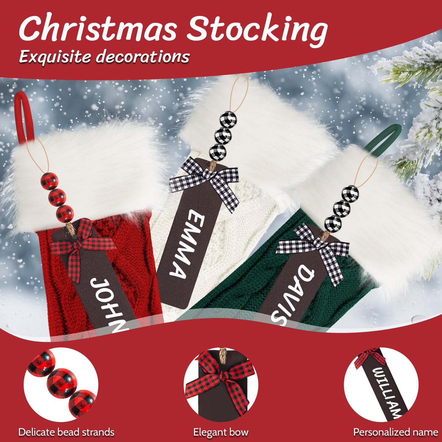 Yexmas 6-Pack Christmas Stockings, 18" Personalized Xmas Stockings, Large Knitted Stockings for Holiday Party Decor Burgundy, lvory, Green