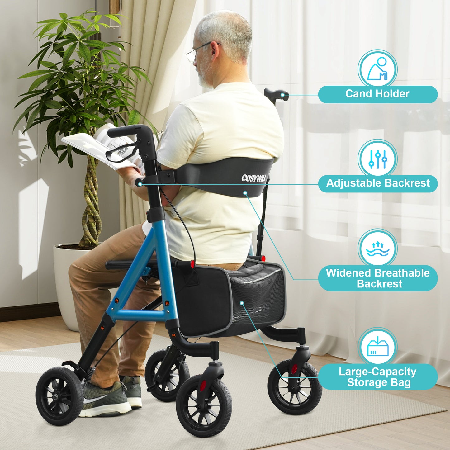 COSYWILL Aluminum Rollator Walker with Seat,Height Adjustable Mobility Walker with 8" Wheels,350 lb Weight Capacity,Blue
