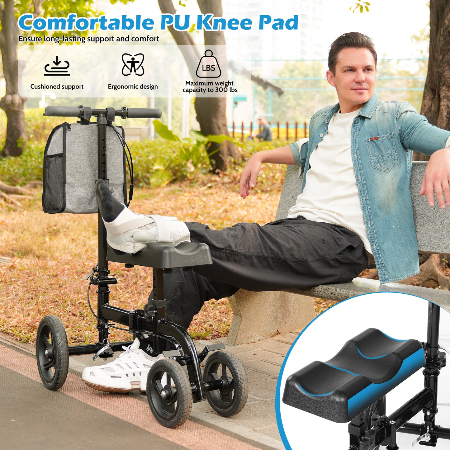 COSYWILL Steerable Knee Scooter,Knee Walker Scooter for Adults with 10" Front Wheels,Foldable Knee Scooter for Foot Surgery Crutches Alternative,Black