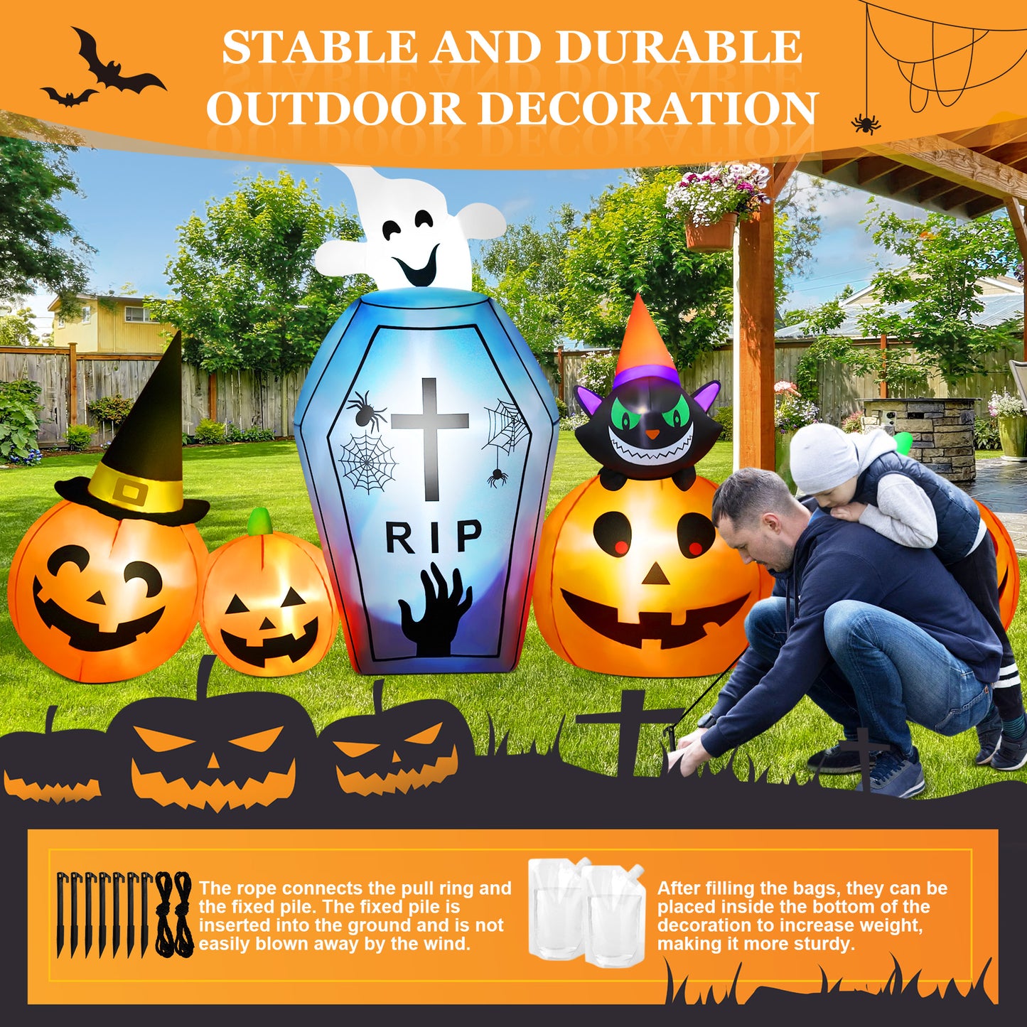 IZNEN 9.5ft Halloween Inflatable Pumpkins Outdoor Decor with Black Cat Tombstone and Spectre,Built-in LED Lights,for Halloween Party,Yard,Garden,Lawn