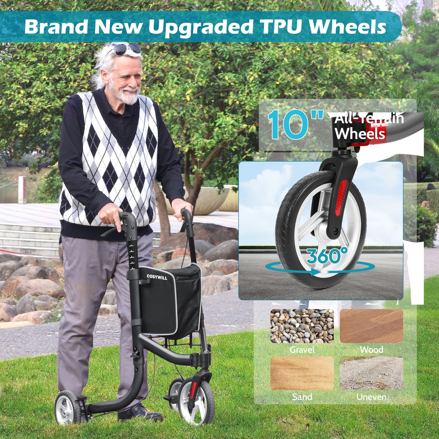 COSYWILL 3 Wheel Rollator Walkers for Seniors,Ultra Lightweight Foldable Walker for Elderly with Storage Bag, 10" Three Wheel Modern Mobility Walking Aid Aluminum, Red