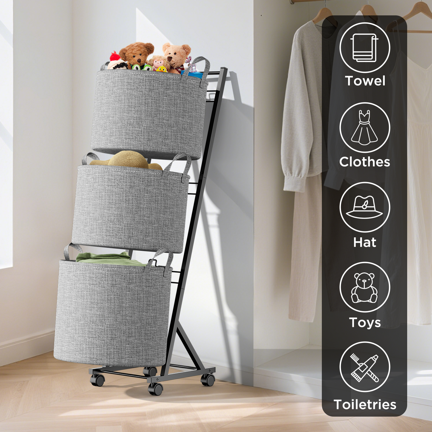 YOUPIS 3-Tier 111L Laundry Hamper Sorter,Laundry Storage Organizer with Wheels Removable Rolling Laundry Baskets for Bathroom, Dorm, Laundry Room,Beige