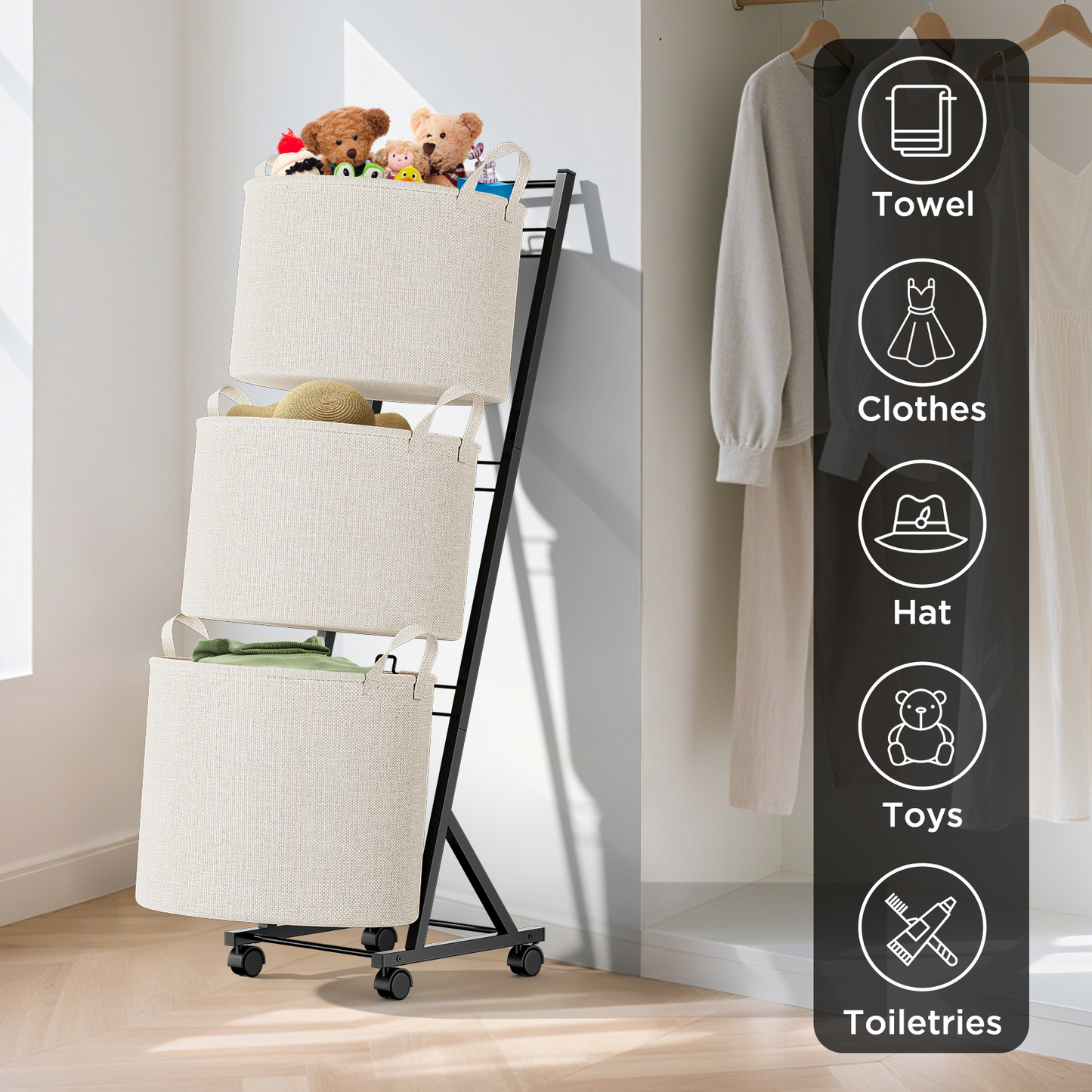 YOUPIS 3-Tier 111L Laundry Hamper Sorter,Laundry Storage Organizer with Wheels Removable Rolling Laundry Baskets for Bathroom, Dorm, Laundry Room,Beige