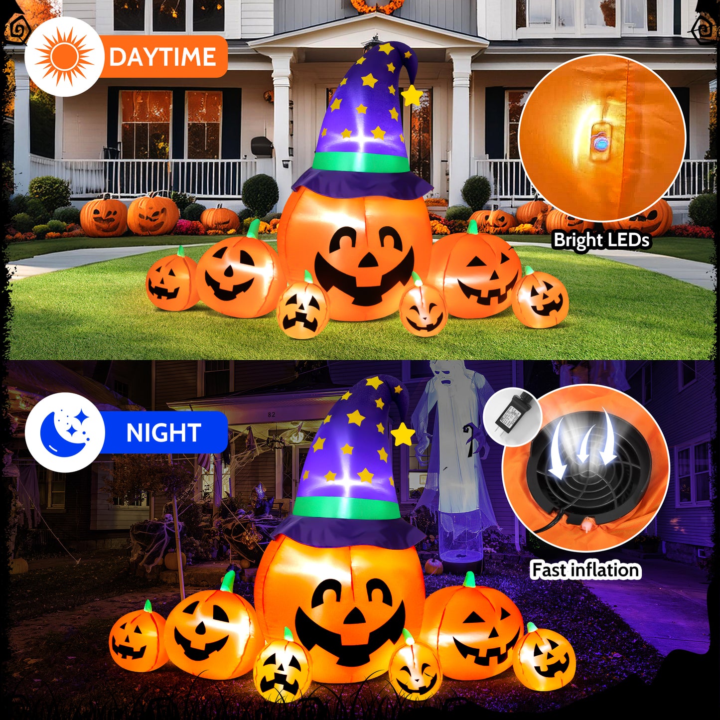 IZNEN 8ft Halloween Inflatable Blow Up Pumpkin Decoration, 7 Pumpkins with Witches Hat, Built-in LED Lights for Halloween Holiday, Yard, Garden, Lawn