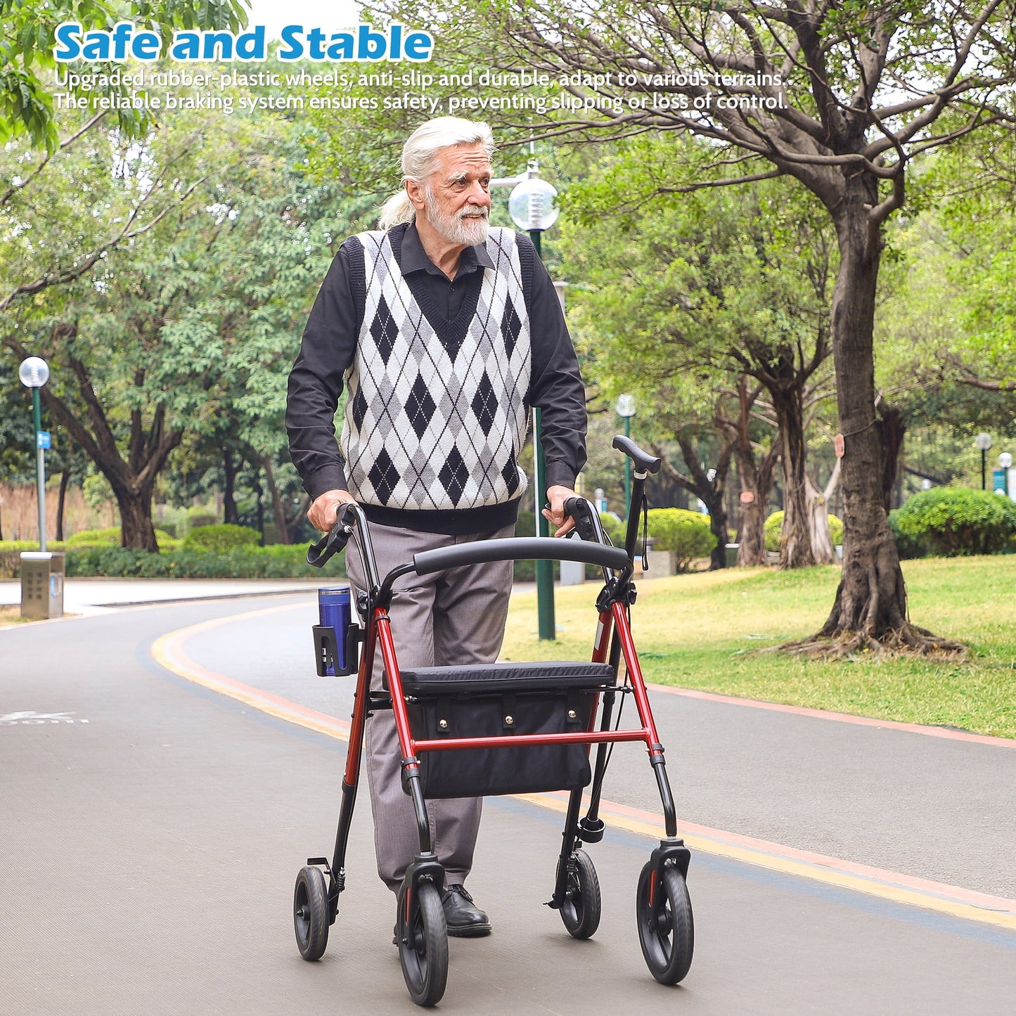 COSYWILL Rollator Walker with Seat,Foldable Walkers for Seniors,Mobility Walkers with 10'' Big Wheels,Adjustable Handles and Seat Height, Red