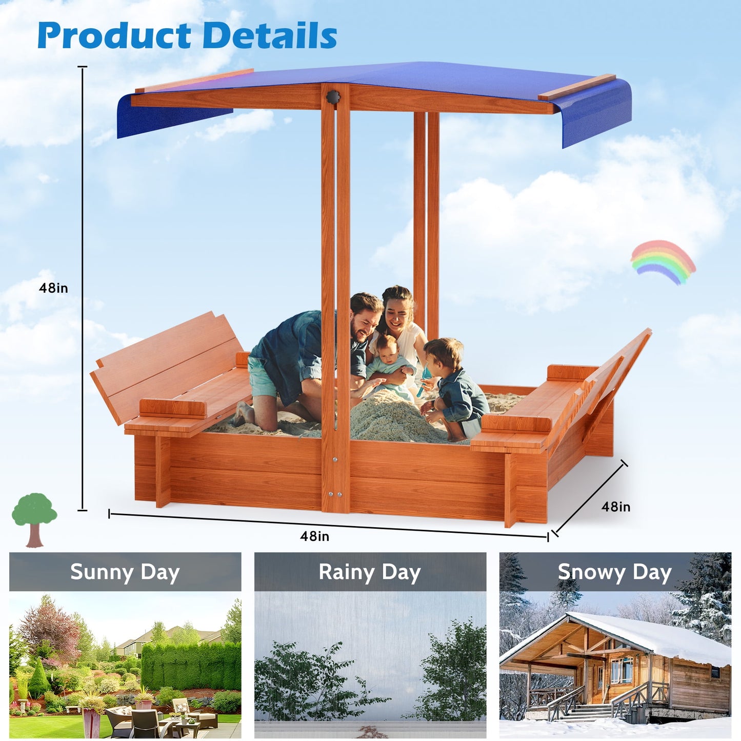 YOUPINS 48" Wooden Sandbox with Lid, Outdoor Large Kids Sandbox with Seat,for Yard Lawn Garden