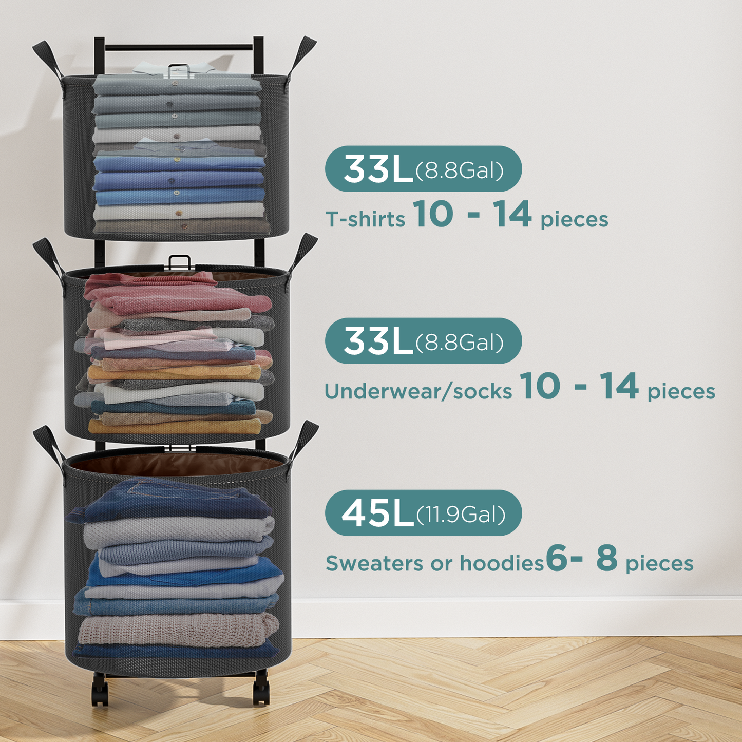 YOUPIS 3-Tier 111L Laundry Hamper Sorter,Laundry Storage Organizer with Wheels Removable Rolling Laundry Baskets for Bathroom, Dorm, Laundry Room,Beige