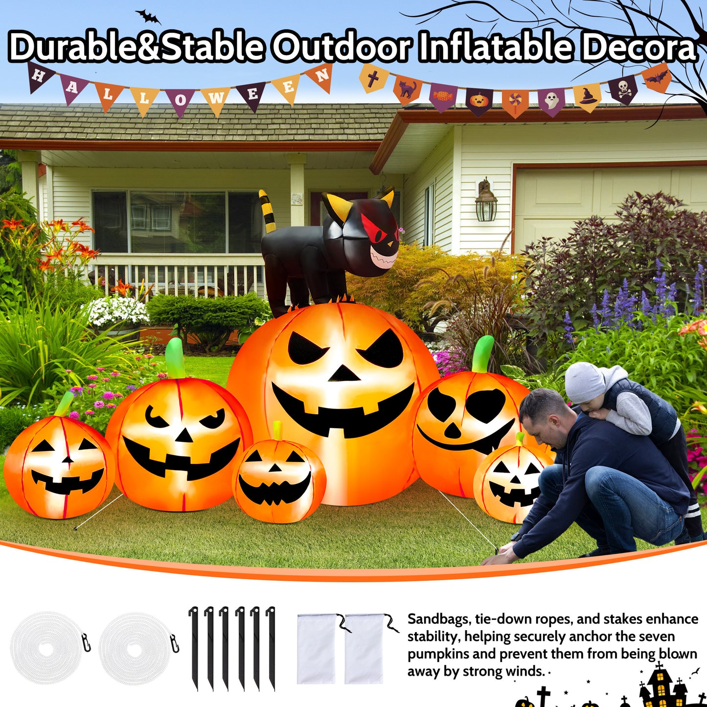 IZNEN 8.1ft Halloween Inflatable Blow Up Pumpkin Decoration,7 Glitter Pumpkins with Black Cat,Built-in LED Lights for Halloween Holiday,Yard,Garden,Lawn