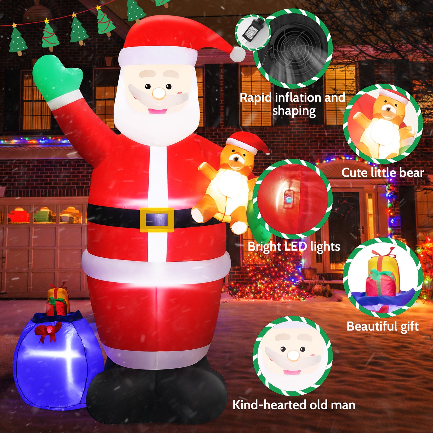 IZNEN 7FT Christmas Inflatable Senior Citizen Outdoor Decor with Gift Bag and Bear Large Blow Up Santa with LED Lights for Yard,Garden,Lawn