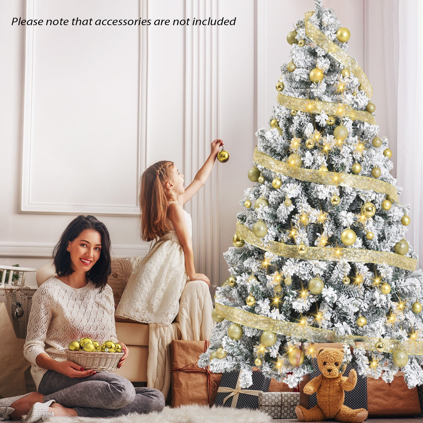 IZNEN 7.5ft Pre-Lit Snowflake Flocked Christmas Tree,8 Modes LED Lights,Artificial Xmas Tree with Storage Bag