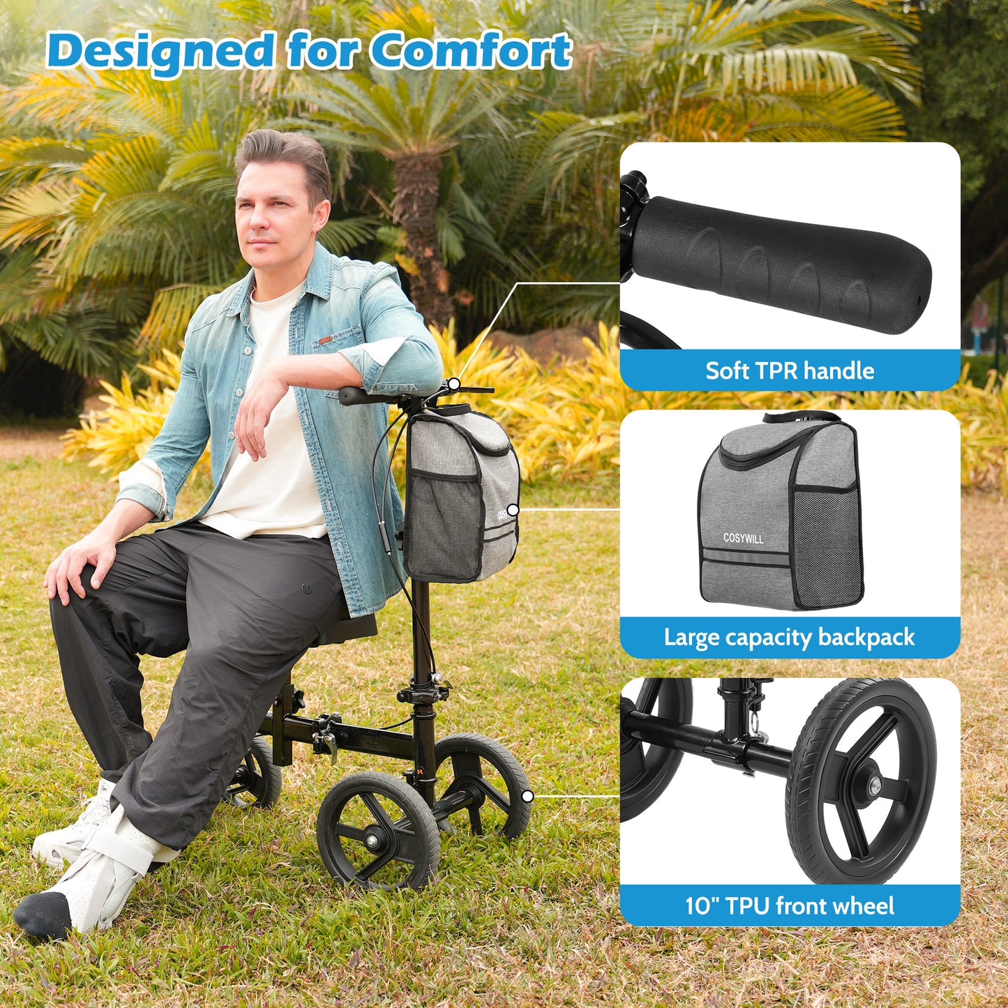 COSYWILL Steerable Knee Scooter,Knee Walker Scooter for Adults with 10" Front Wheels,Foldable Knee Scooter for Foot Surgery Crutches Alternative,Black