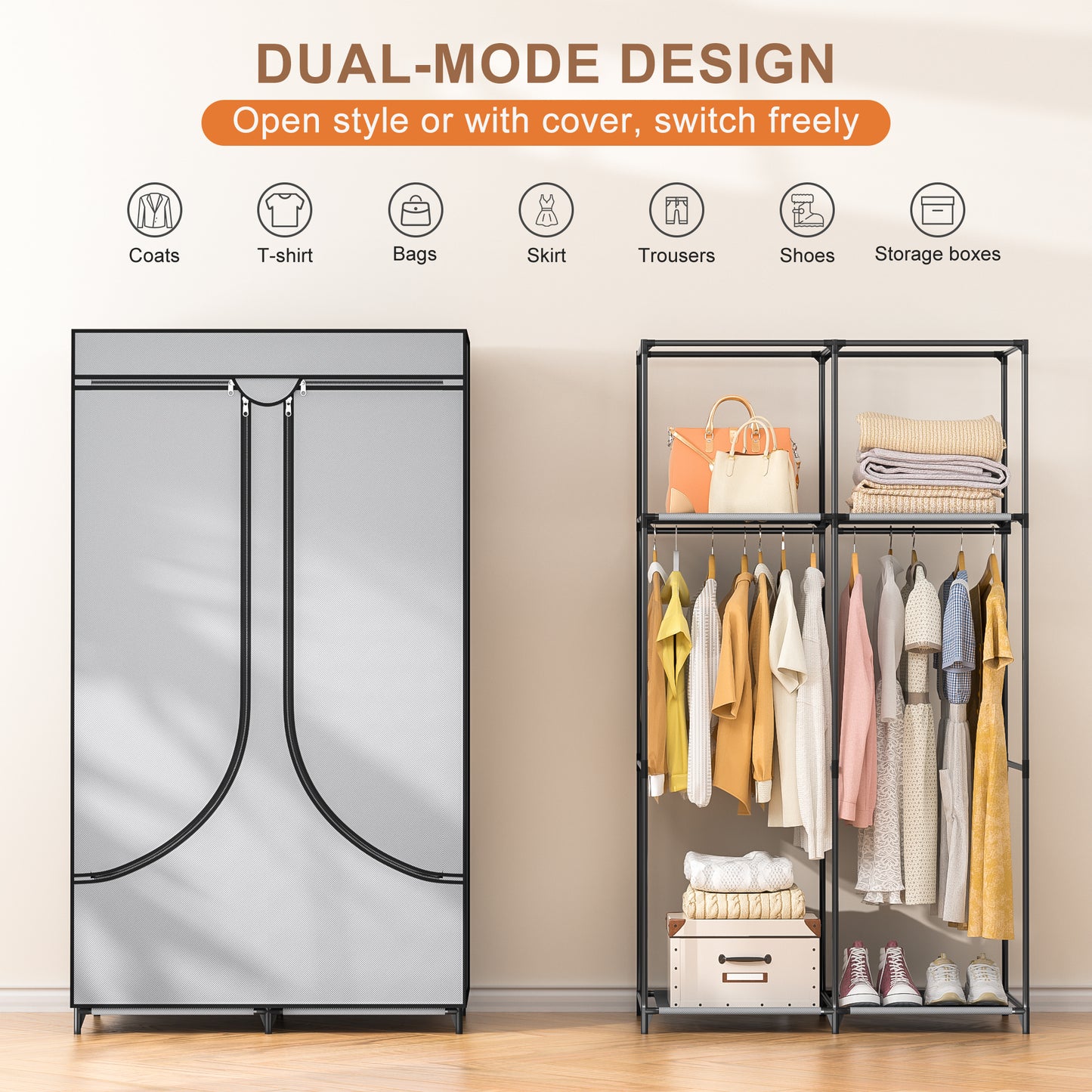 YOUPINS Clothes Organizer with Hanging Rod, Portable Closet with Cover Clothes Rack Sturdy Fabric Wardrobe Organizer,Dark Gary