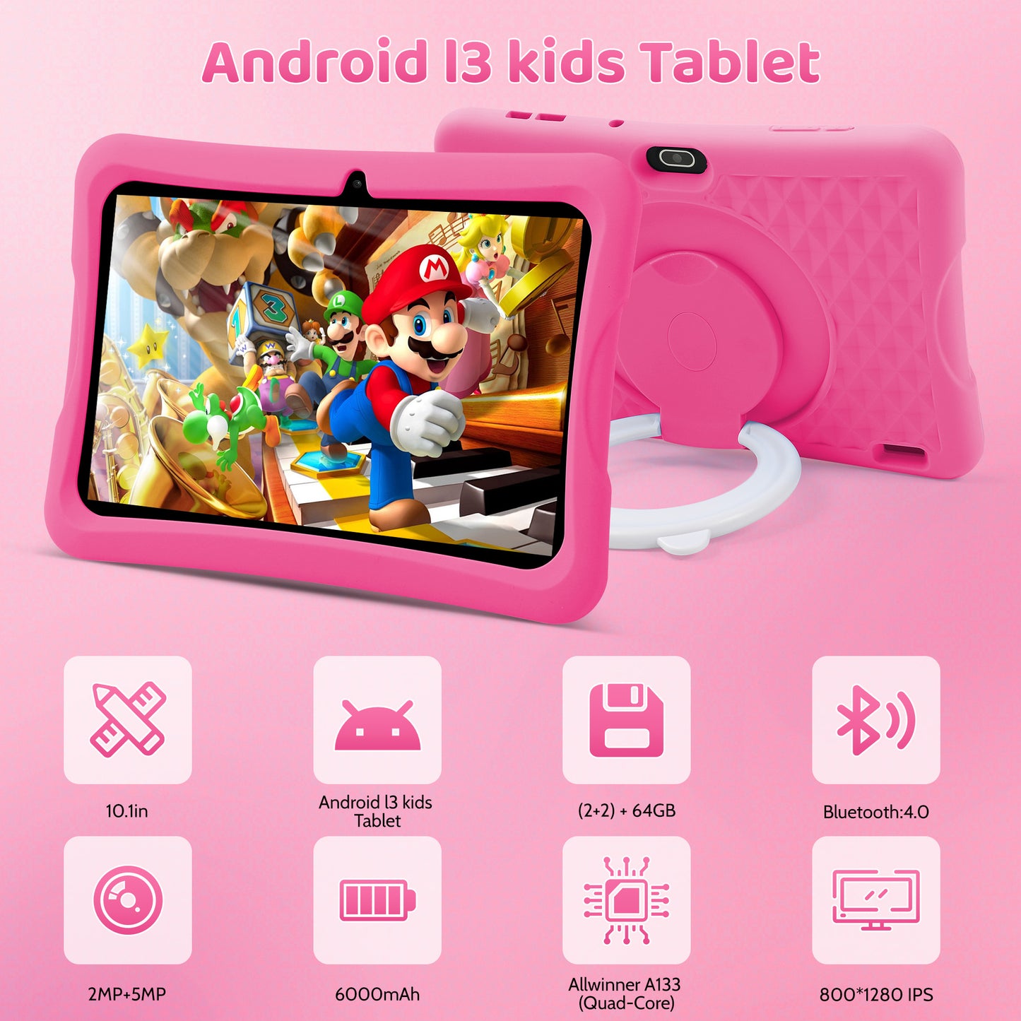 TEAYINGDE Kids Tablet 10.1" Android 13 Tablet with WiFi 64GB Tablet for Ages 3–8 Kids Tablet with Silicone Case Google Play Parental Control APP (Blue)