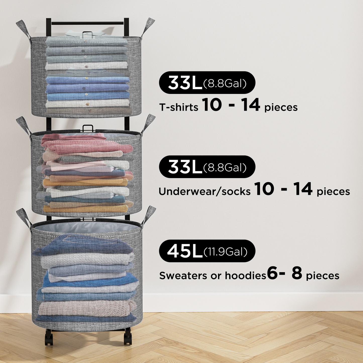 YOUPIS 3-Tier 111L Laundry Hamper Sorter,Laundry Storage Organizer with Wheels Removable Rolling Laundry Baskets for Bathroom, Dorm, Laundry Room,Beige