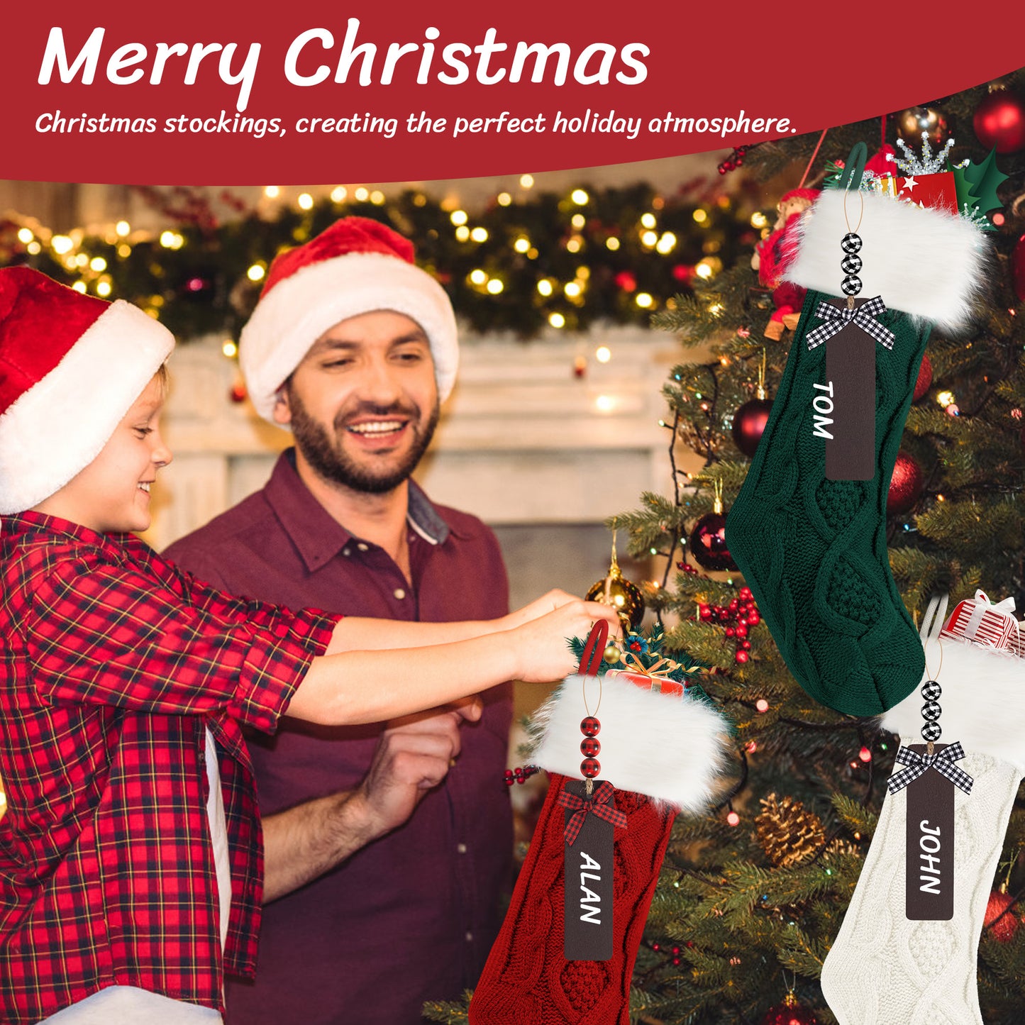 Yexmas 6-Pack Christmas Stockings, 18" Personalized Xmas Stockings, Large Knitted Stockings for Holiday Party Decor Burgundy, lvory, Green