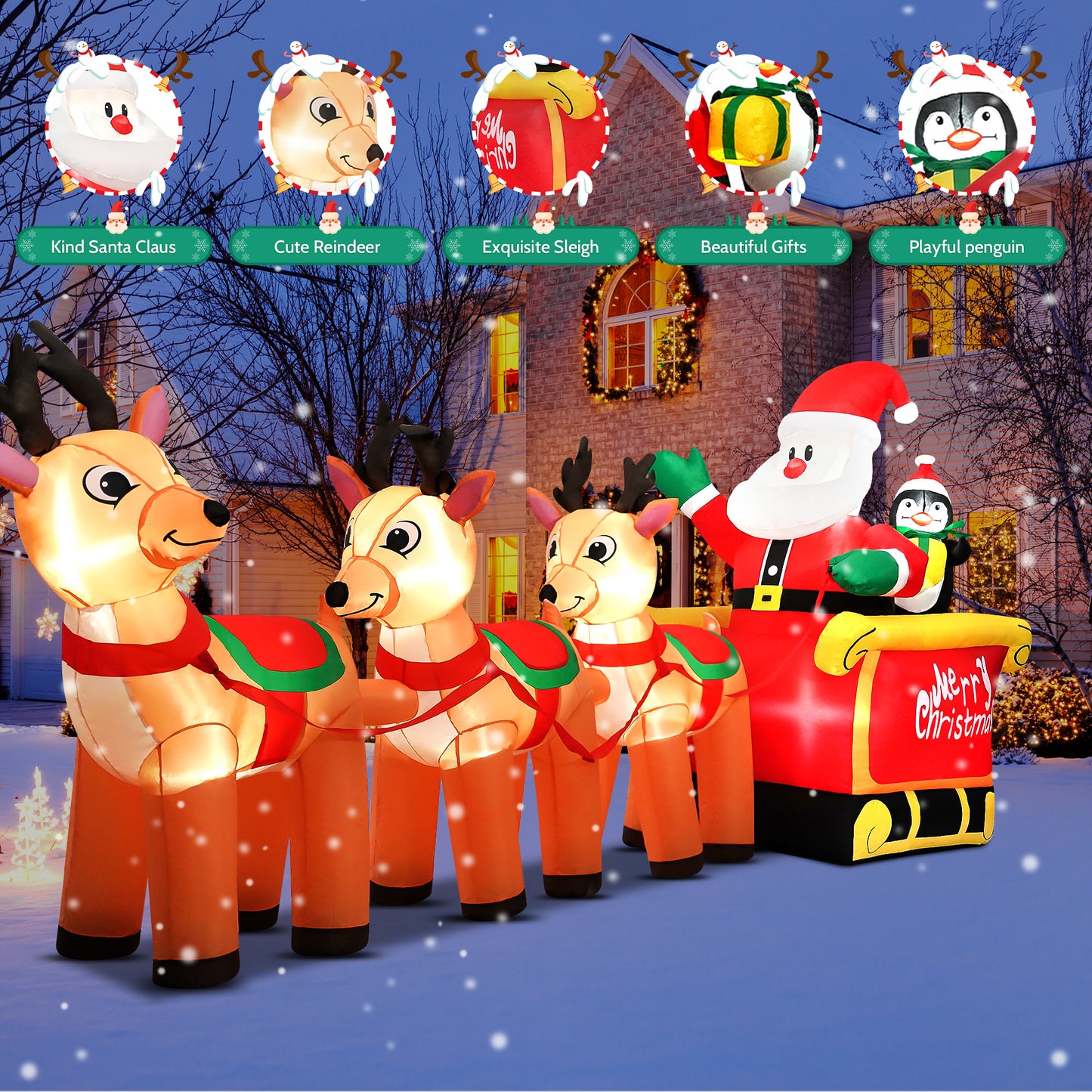 IZNEN 12ft Christmas Inflatable Santa Claus On Sleigh With 3 Reindeer Outdoor Lights Decor for Holiday Decor,Xmas Party,Yard,Garden and Lawn