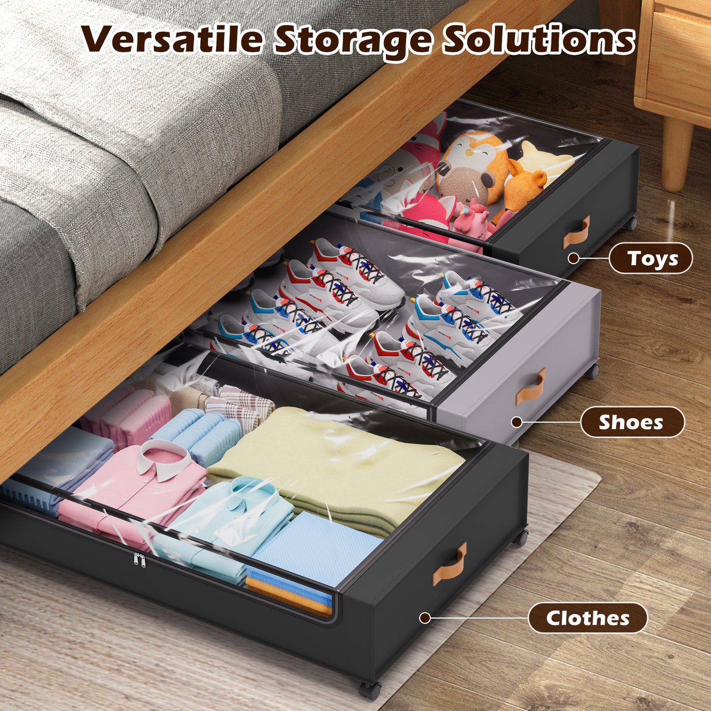YOUPINS 2 Pack Rolling Under Bed Storage Containers Bin with Wheels, Gray